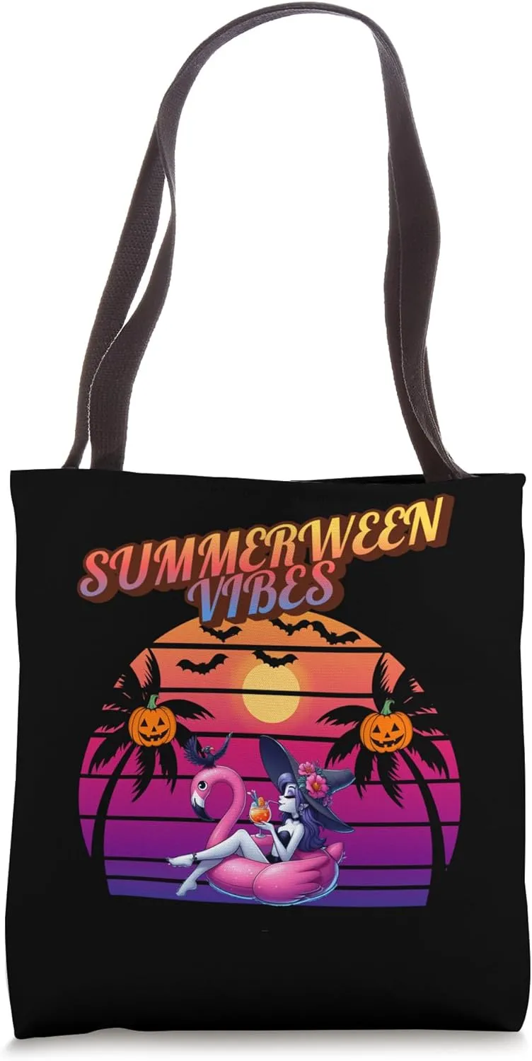 Summerween Vibes Witch Flamingo Float, Witch Summerween Vibe Tote Bag