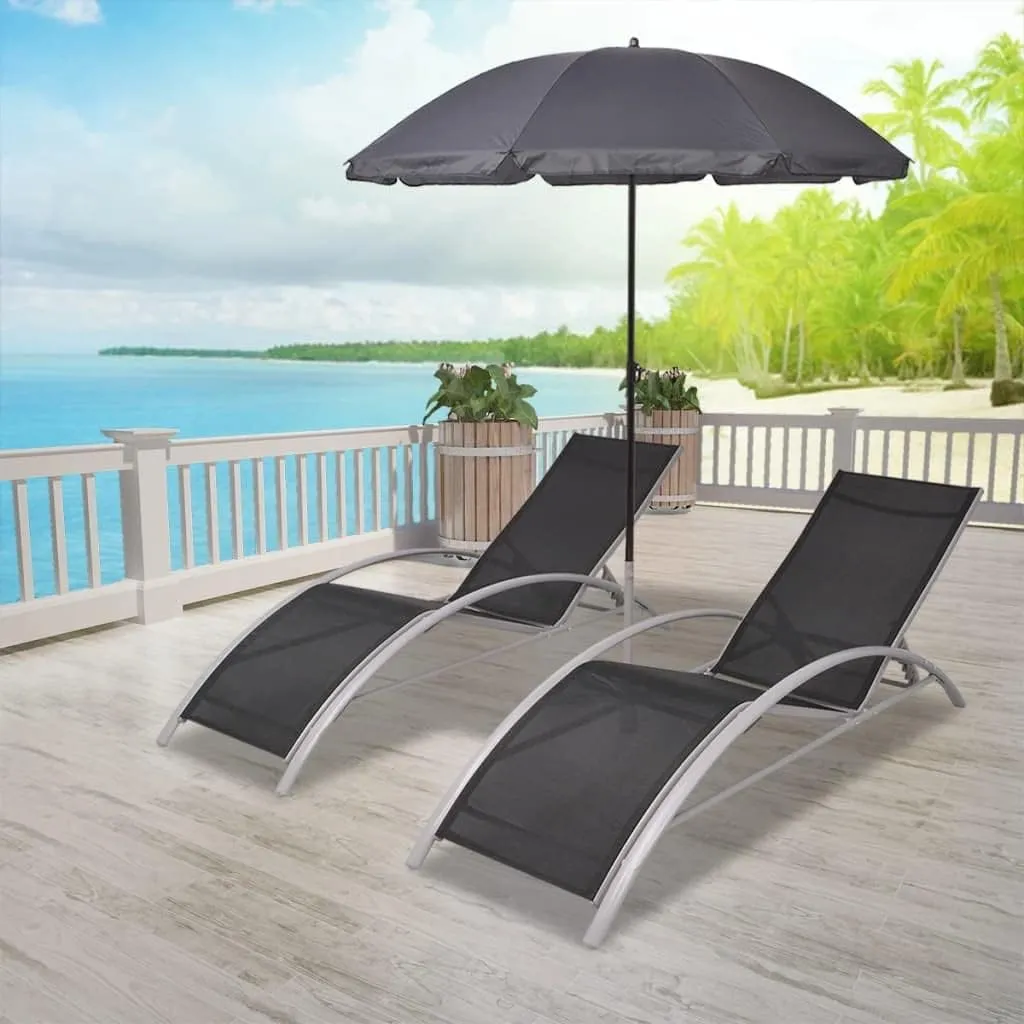 Sun Loungers with Umbrella Aluminum Blackrecliner Camping Chairs Patio Tanning chairSuitable for Garden Courtyard