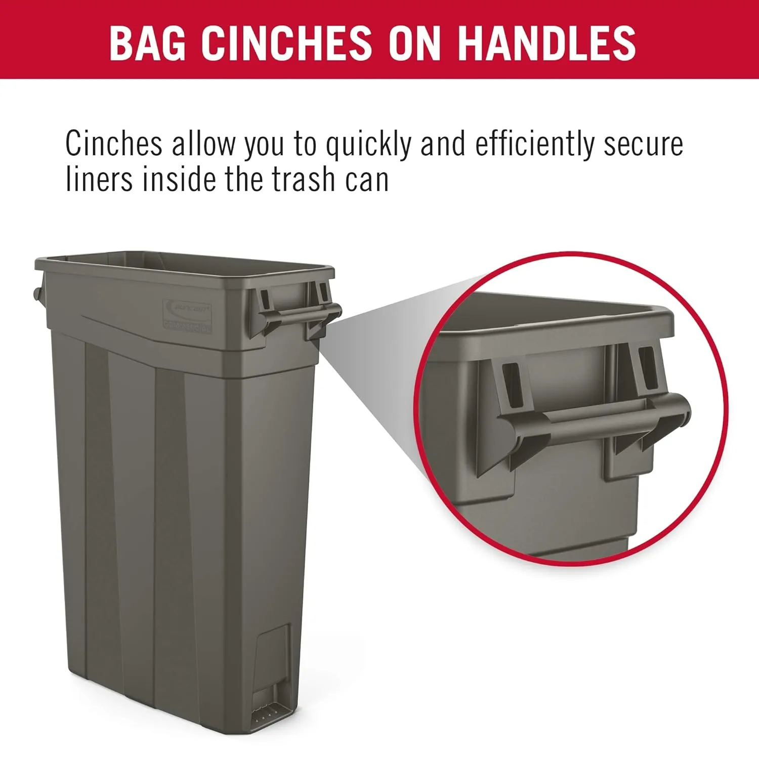 Suncast Commercial TCNH2030 Narrow Trash Can With Handles, 30.00" Height x 11.08" Width, 23 gal Capacity, Gray