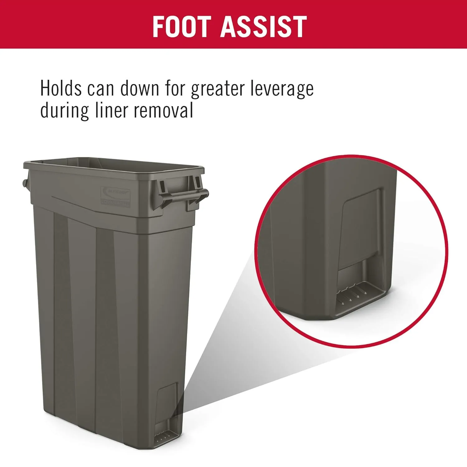 Suncast Commercial TCNH2030 Narrow Trash Can With Handles, 30.00" Height x 11.08" Width, 23 gal Capacity, Gray