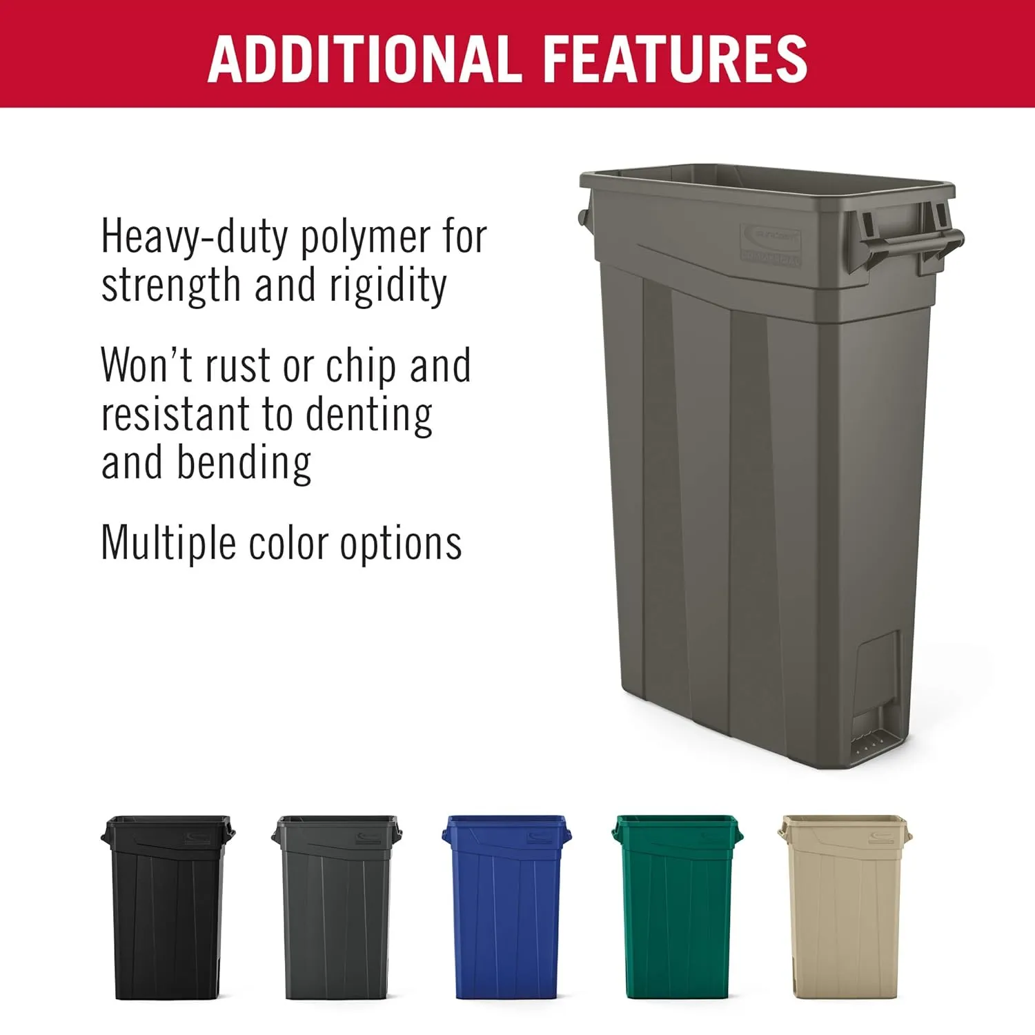 Suncast Commercial TCNH2030 Narrow Trash Can With Handles, 30.00" Height x 11.08" Width, 23 gal Capacity, Gray