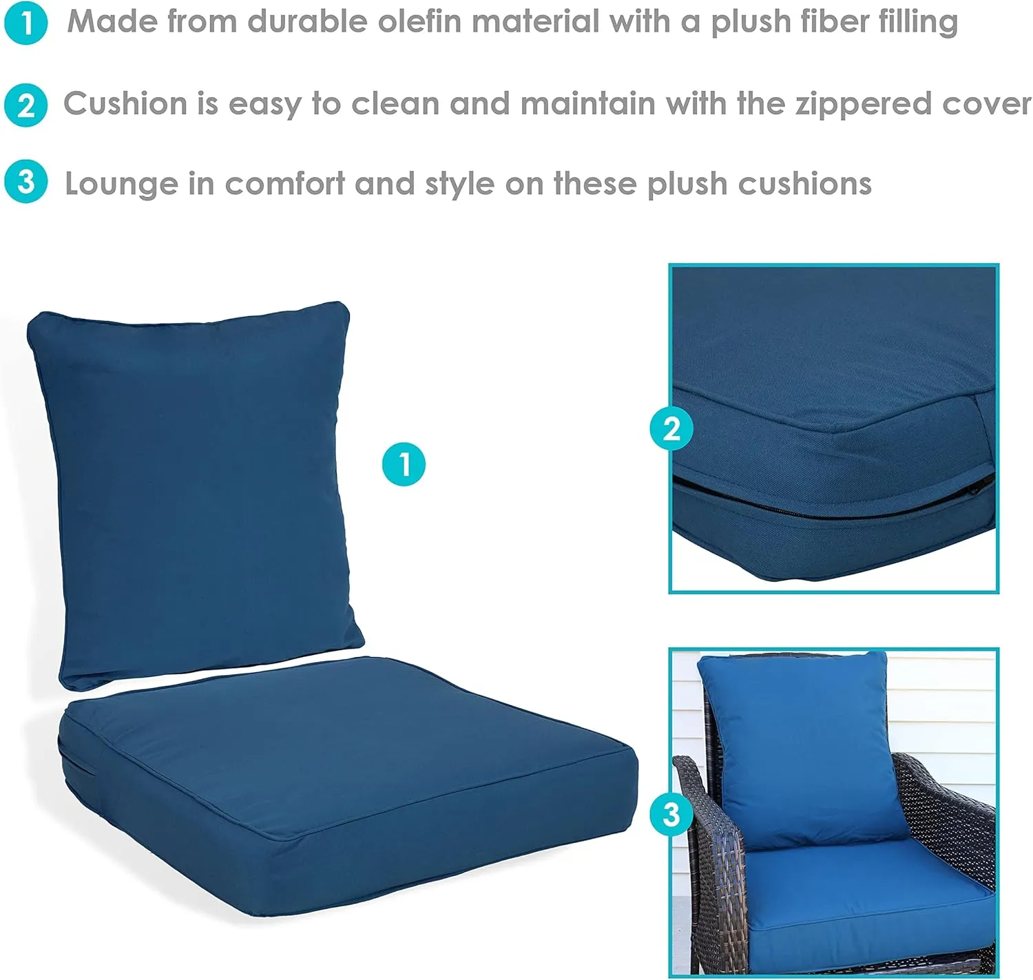 Sunnydaze 2-Piece Outdoor Back and Seat Cushion Set for Deep Seating Patio Chair - Blue