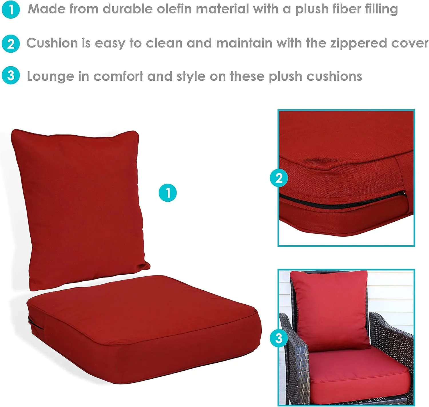 Sunnydaze 2-Piece Outdoor Back and Seat Cushion Set for Deep Seating Patio Chair - Red