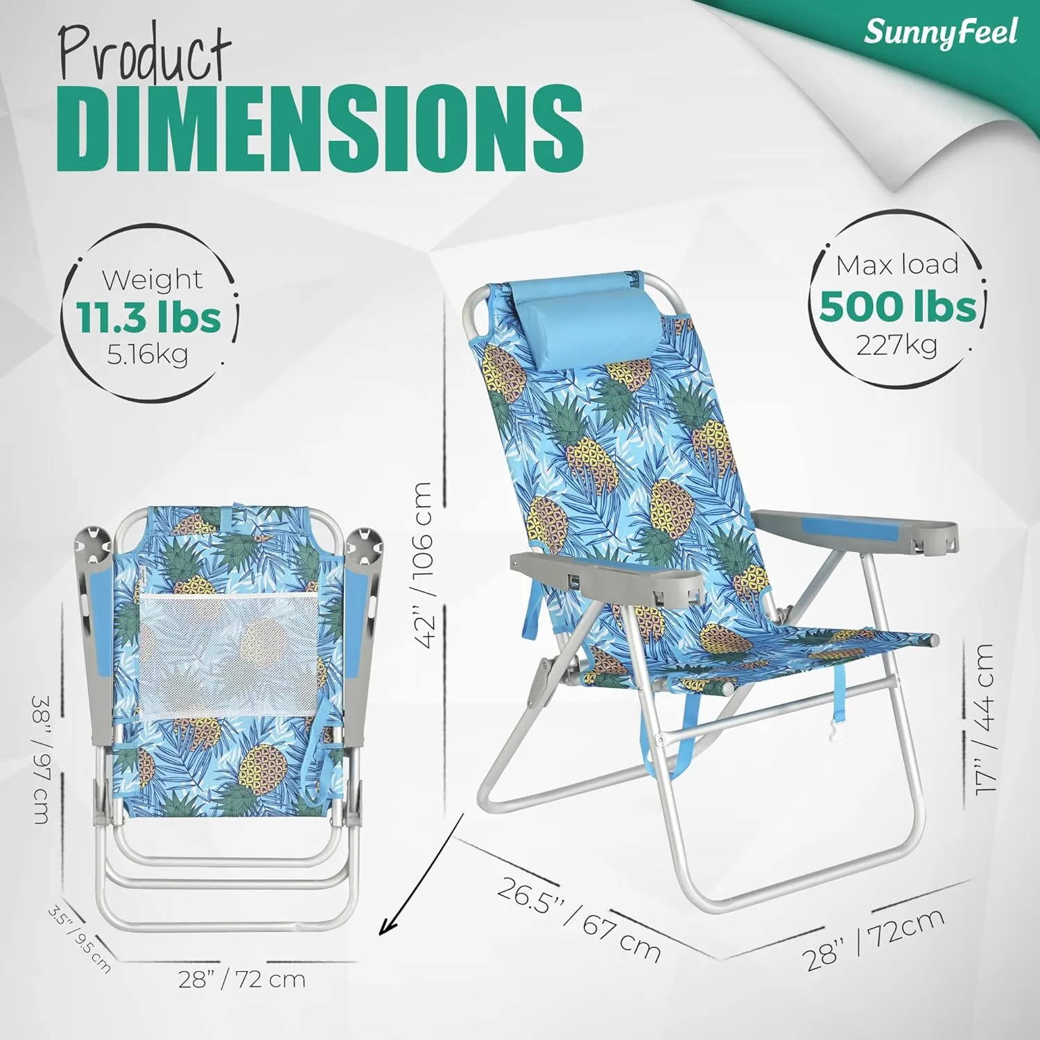 SUNNYFEEL Oversized Tall Folding Beach Chair Lightweight, 17" Portable Sand Chair for Adults Heavy Duty 500 LBS with Cup Holders, Foldable High Camping Lawn Chairs for Camp/Outdoor/Picnic/Sports