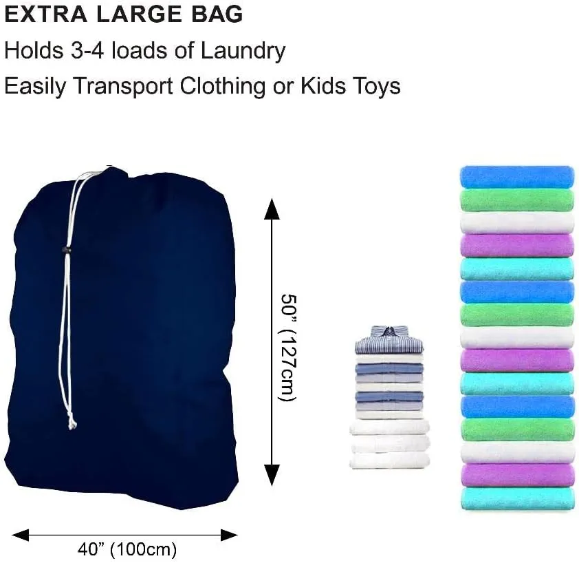 Super Extra Large Heavy Duty 100% Nylon Laundry Storage Bag, H U G E size: L 40" x H 50", Family size Bag with Locking Closure Drawstring, Machine Washable, XXL Organizer Bag. Made in USA (NAVY BLUE)