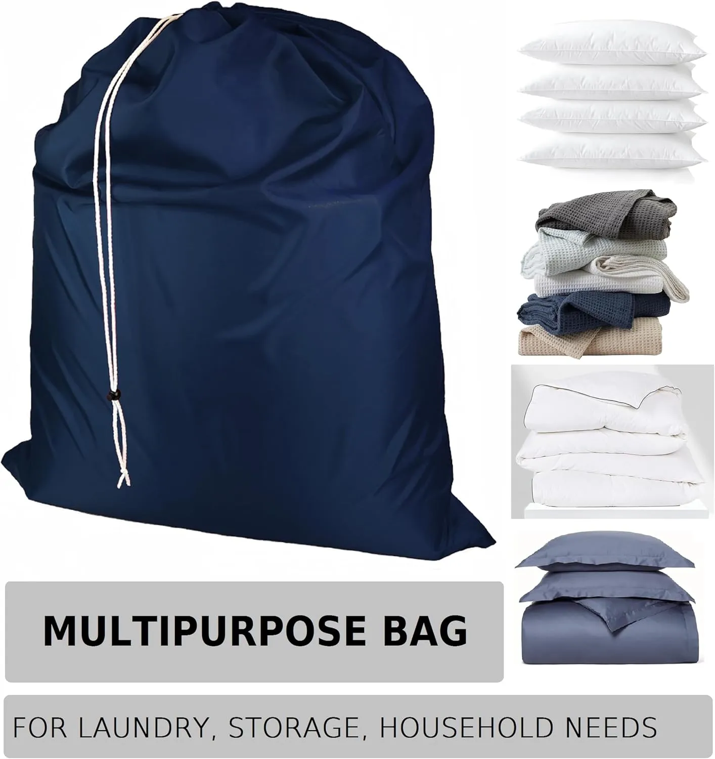 Super Extra Large Heavy Duty 100% Nylon Laundry Storage Bag, H U G E size: L 40" x H 50", Family size Bag with Locking Closure Drawstring, Machine Washable, XXL Organizer Bag. Made in USA (NAVY BLUE)