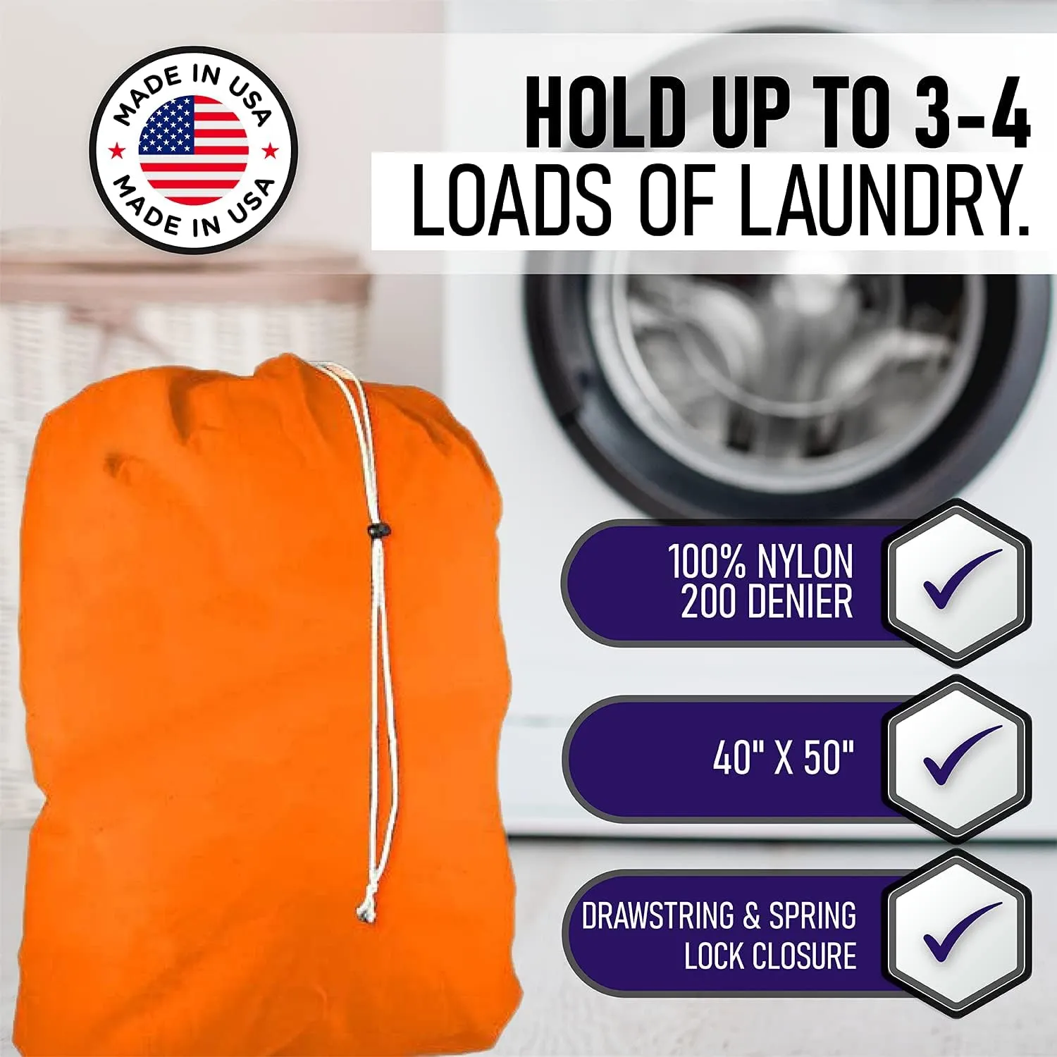 Super Extra Large Heavy Duty 100% Nylon Laundry Storage Bag, H U G E size: L 40" x H 50", Laundry Bag with Locking Closure Drawstring, Machine Washable, XXL Organizer Bag. Made in USA. (ORANGE)