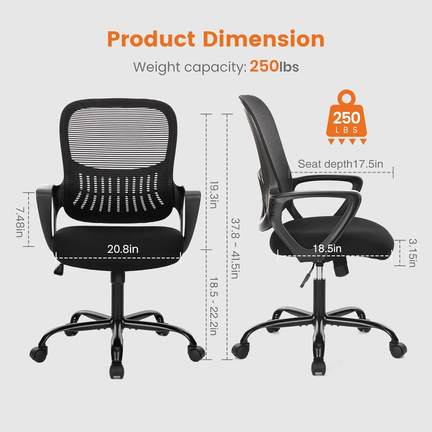 Sweetcrispy Ergonomic Mid-Back Mesh Home Office Desk Chair with Wheels, Lumbar Support, and Comfortable Armrests for Home, Bedroom, Study, Office