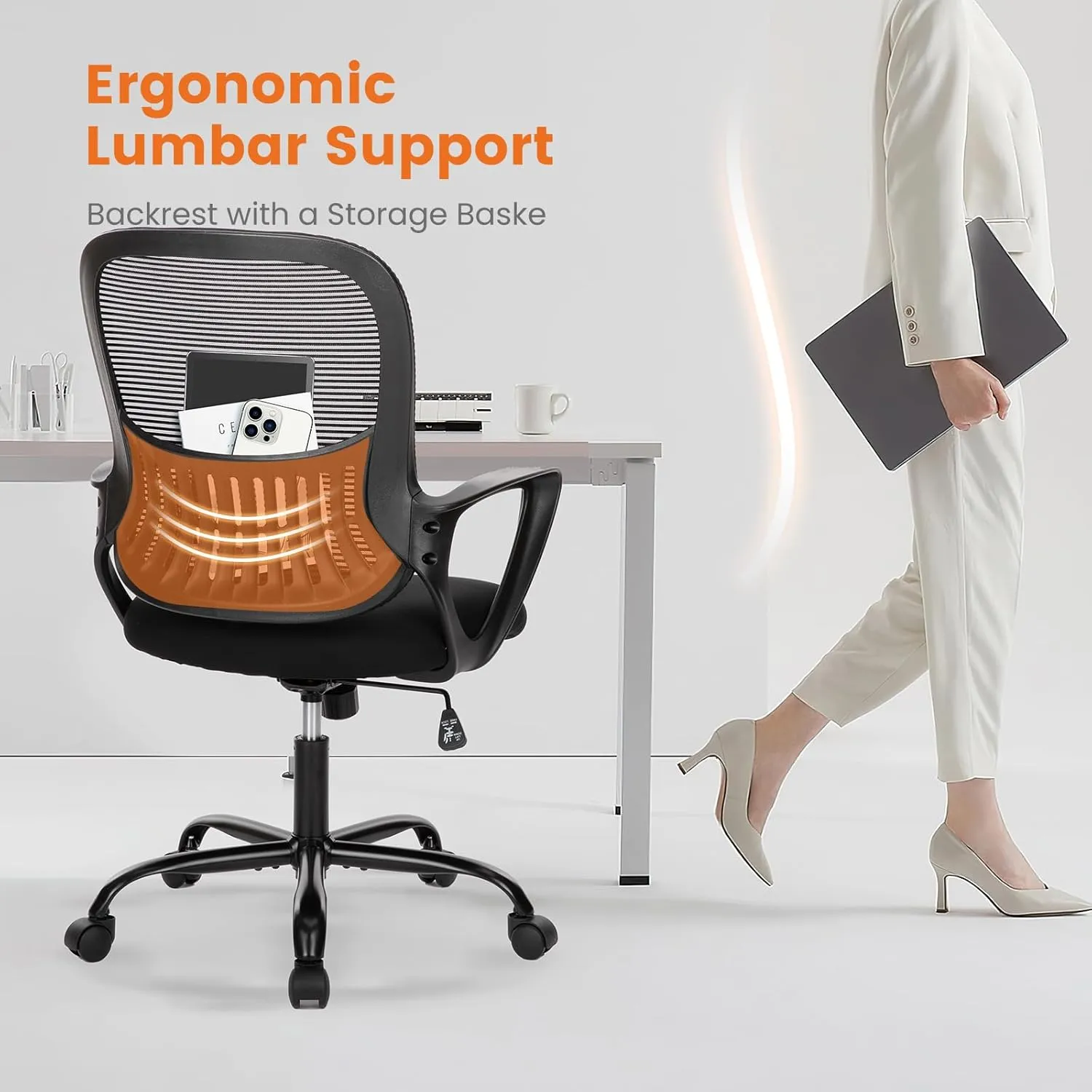 Sweetcrispy Ergonomic Mid-Back Mesh Home Office Desk Chair with Wheels, Lumbar Support, and Comfortable Armrests for Home, Bedroom, Study, Office
