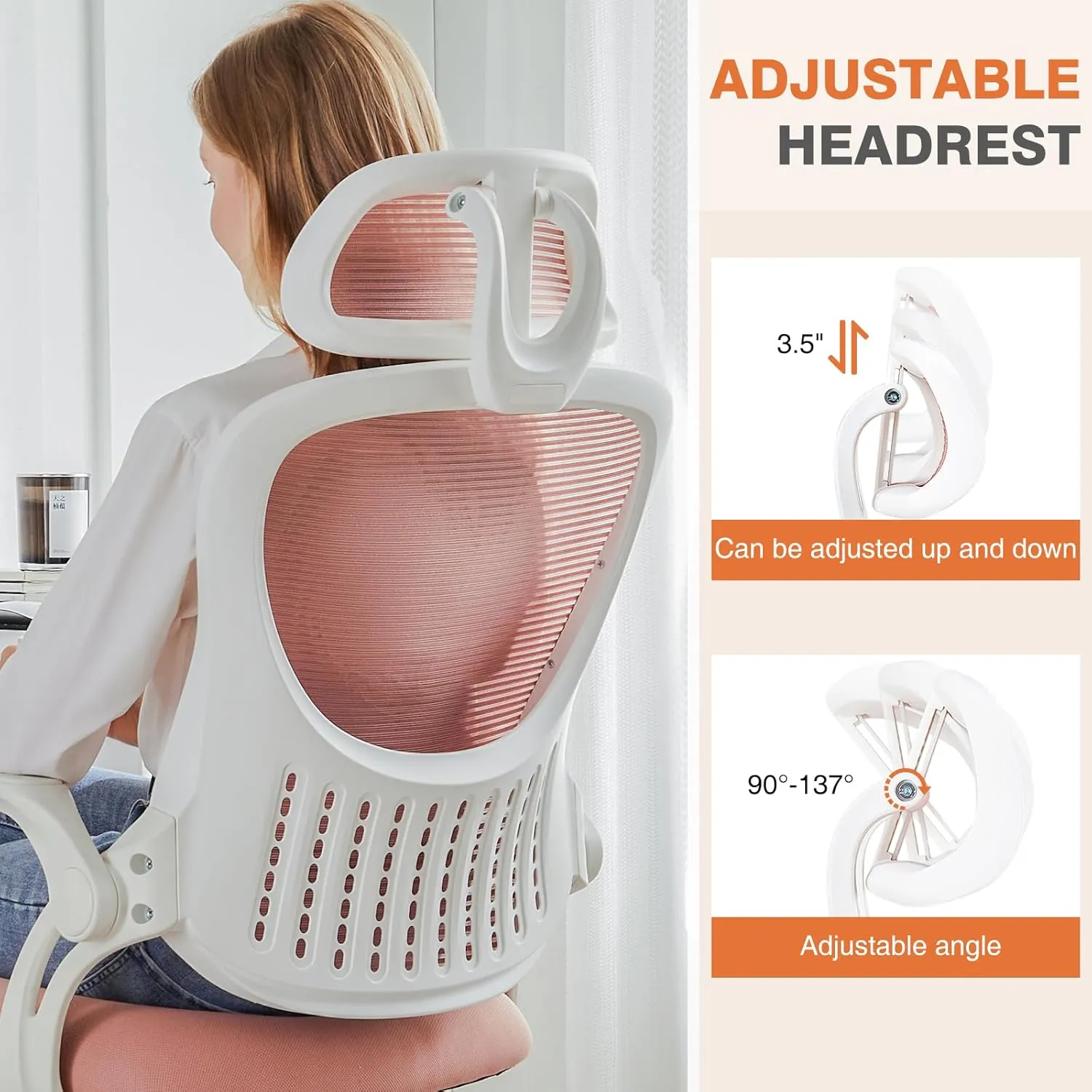 Sweetcrispy Home Office Computer Desk Chair, Ergonomic High-Back Mesh Rolling Work Chairs with Wheels and Adjustable Headrests, Comfortable Lumbar Support, Comfy Flip-up Arms for Bedroom, Study, Pink