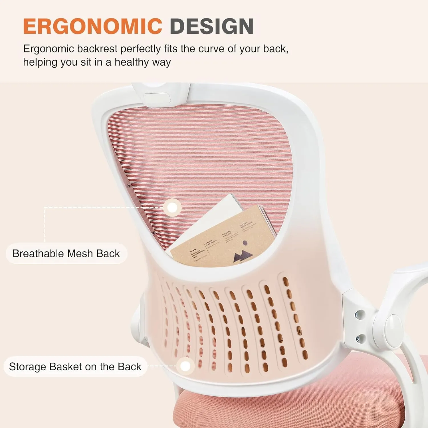 Sweetcrispy Home Office Computer Desk Chair, Ergonomic High-Back Mesh Rolling Work Chairs with Wheels and Adjustable Headrests, Comfortable Lumbar Support, Comfy Flip-up Arms for Bedroom, Study, Pink