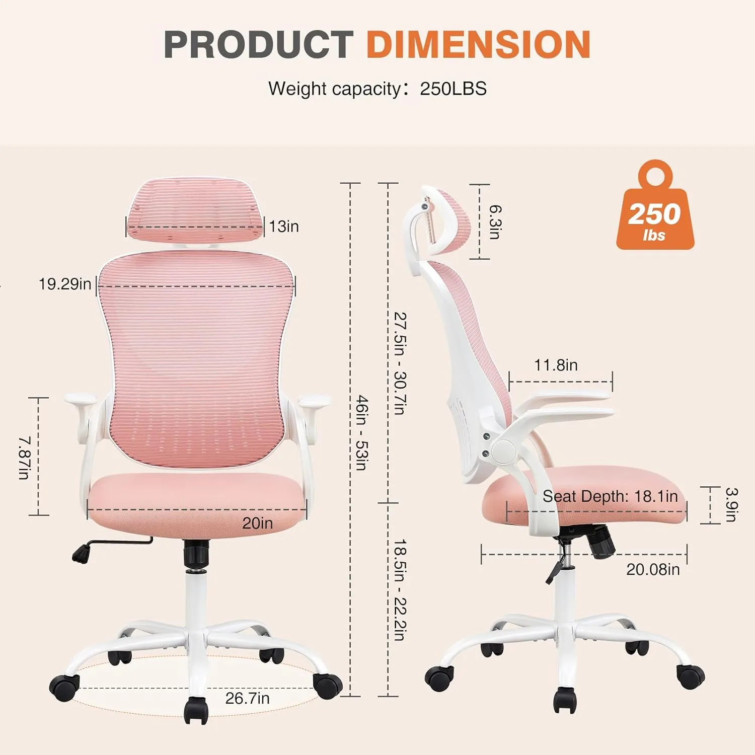 Sweetcrispy Home Office Computer Desk Chair, Ergonomic High-Back Mesh Rolling Work Chairs with Wheels and Adjustable Headrests, Comfortable Lumbar Support, Comfy Flip-up Arms for Bedroom, Study, Pink
