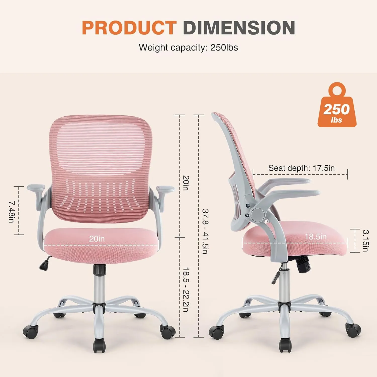 Sweetcrispy Office Computer Desk Chair, Ergonomic Mid-Back Mesh Rolling Work Swivel Task Chairs with Wheels, Comfortable Lumbar Support, Comfy Flip-up Arms for Home, Bedroom, Study, Student, Pink