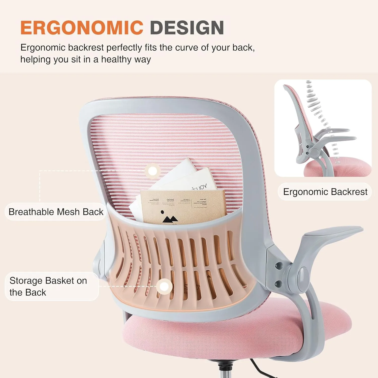 Sweetcrispy Office Computer Desk Chair, Ergonomic Mid-Back Mesh Rolling Work Swivel Task Chairs with Wheels, Comfortable Lumbar Support, Comfy Flip-up Arms for Home, Bedroom, Study, Student, Pink
