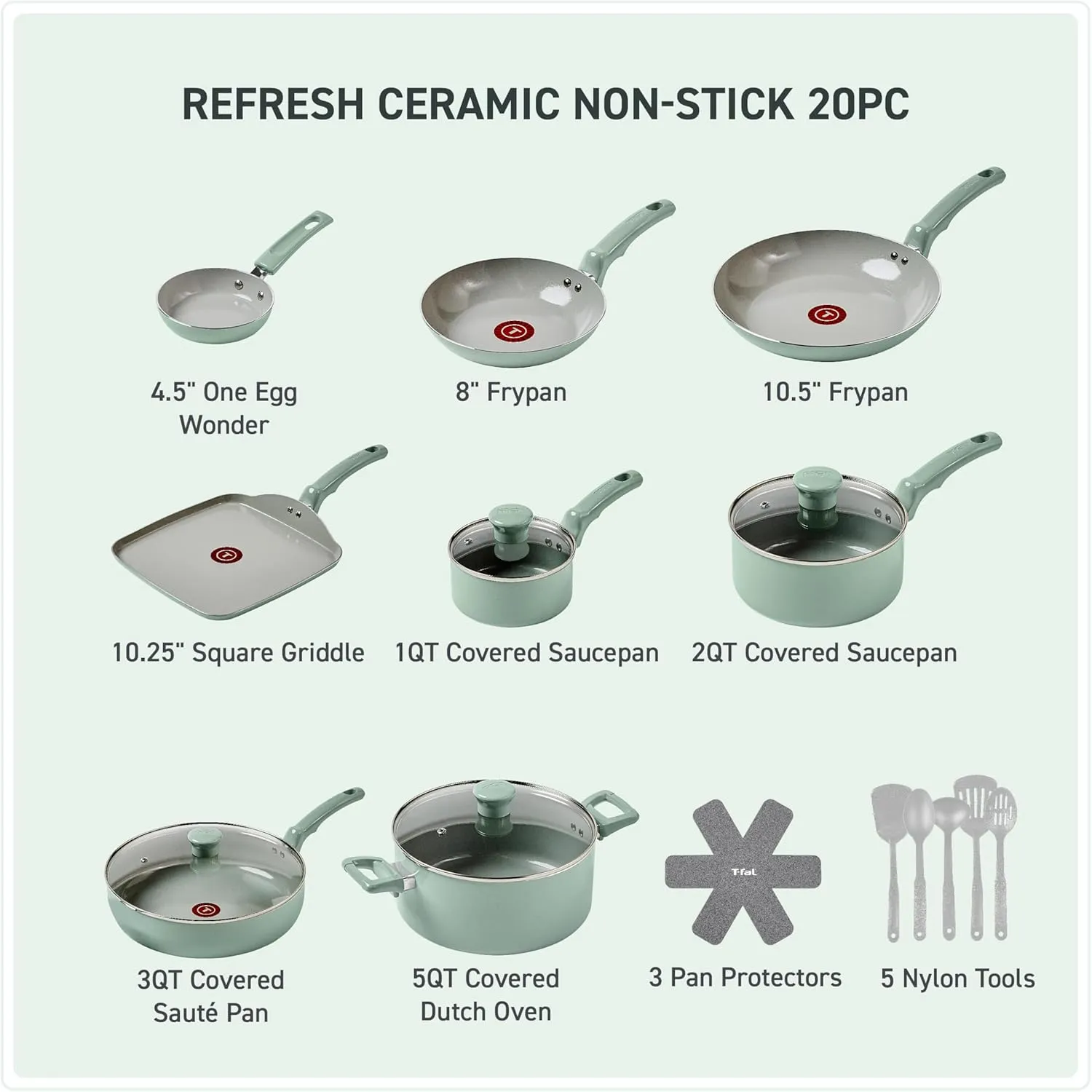 T-Fal Refresh Ceramic Nonstick Cookware Set, 20-Piece, Made without PFOA and PTFE, Oven and Broiler Safe up to 350°F, Includes Stockpot, Griddle, Frying Pans, and Utensils, Pots and Pans, Mint Green