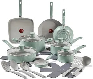 T-Fal Refresh Ceramic Nonstick Cookware Set, 20-Piece, Made without PFOA and PTFE, Oven and Broiler Safe up to 350°F, Includes Stockpot, Griddle, Frying Pans, and Utensils, Pots and Pans, Mint Green
