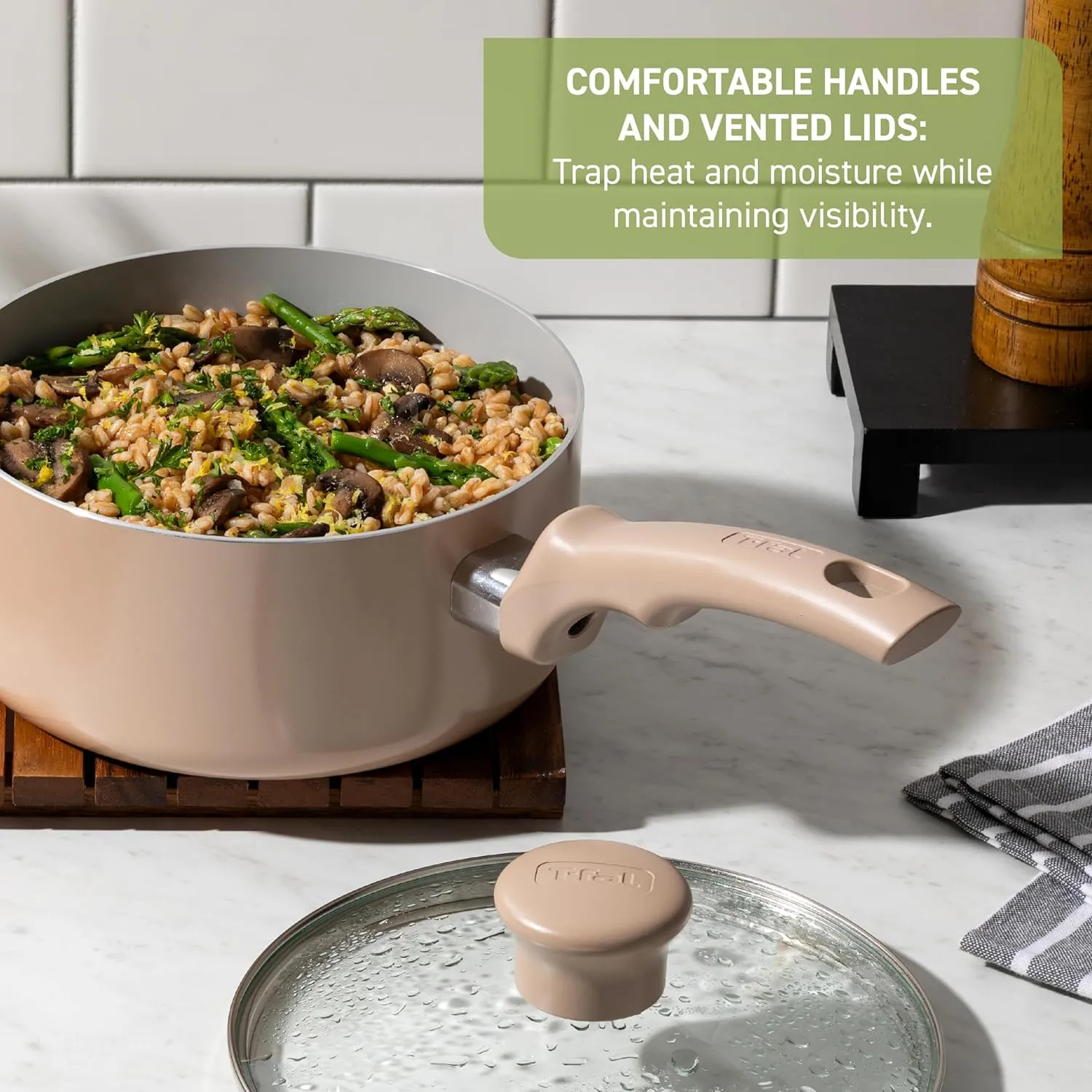 T-Fal Refresh Ceramic Nonstick Cookware Set, 20-Piece, Made without PFOA and PTFE, Oven and Broiler Safe up to 350°F, Includes Stockpot, Griddle, Frying Pans, and Utensils, Pots and Pans, Mint Green