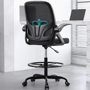 Tall Drafting Chair with Footrest Ring for Home and Work, Ergonomic Home Desk Office Chair with Flip up Arms and Lumbar Support, Tall Extended Height Executive Desk Office(Black)