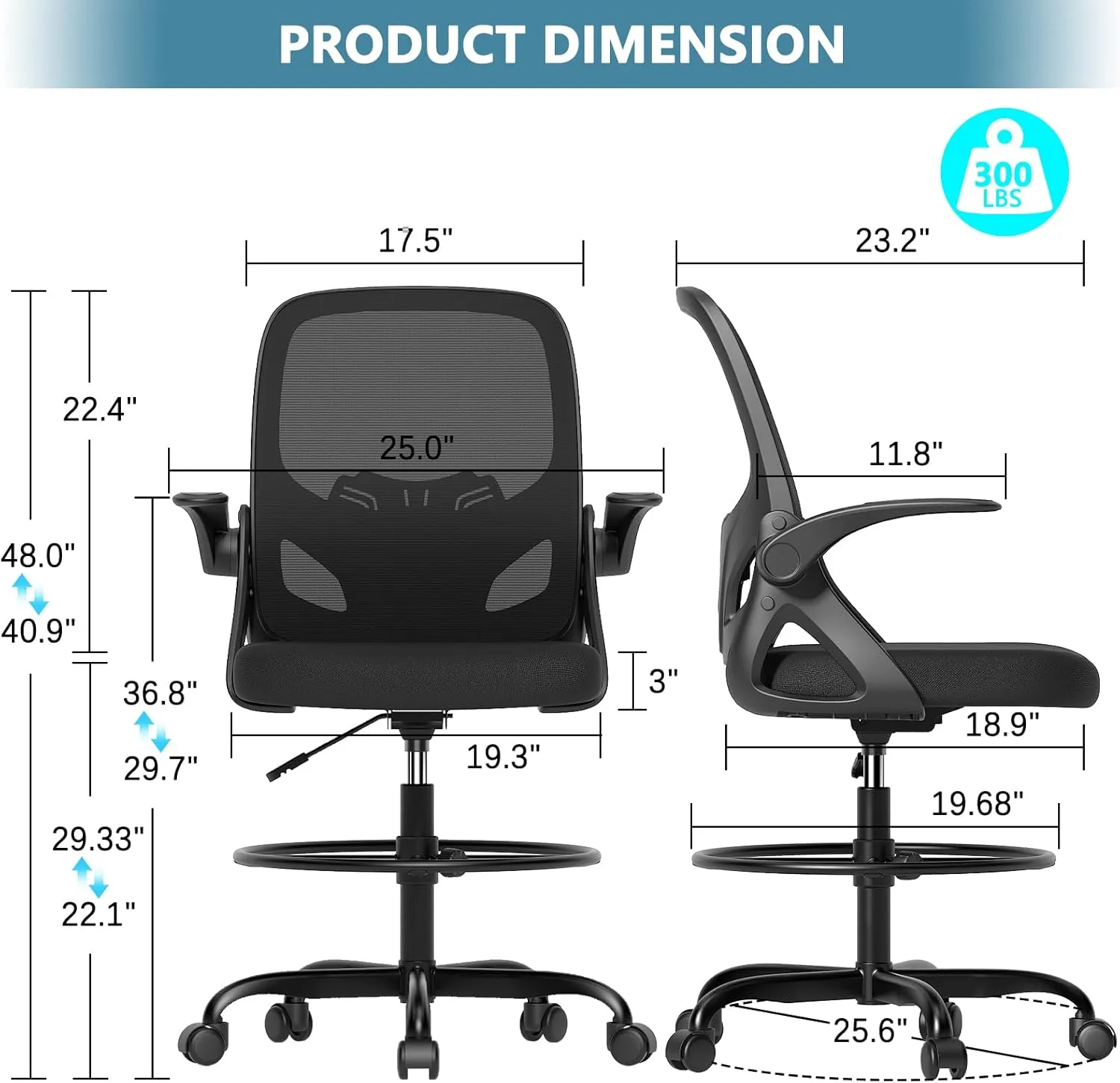 Tall Drafting Chair with Footrest Ring for Home and Work, Ergonomic Home Desk Office Chair with Flip up Arms and Lumbar Support, Tall Extended Height Executive Desk Office(Black)