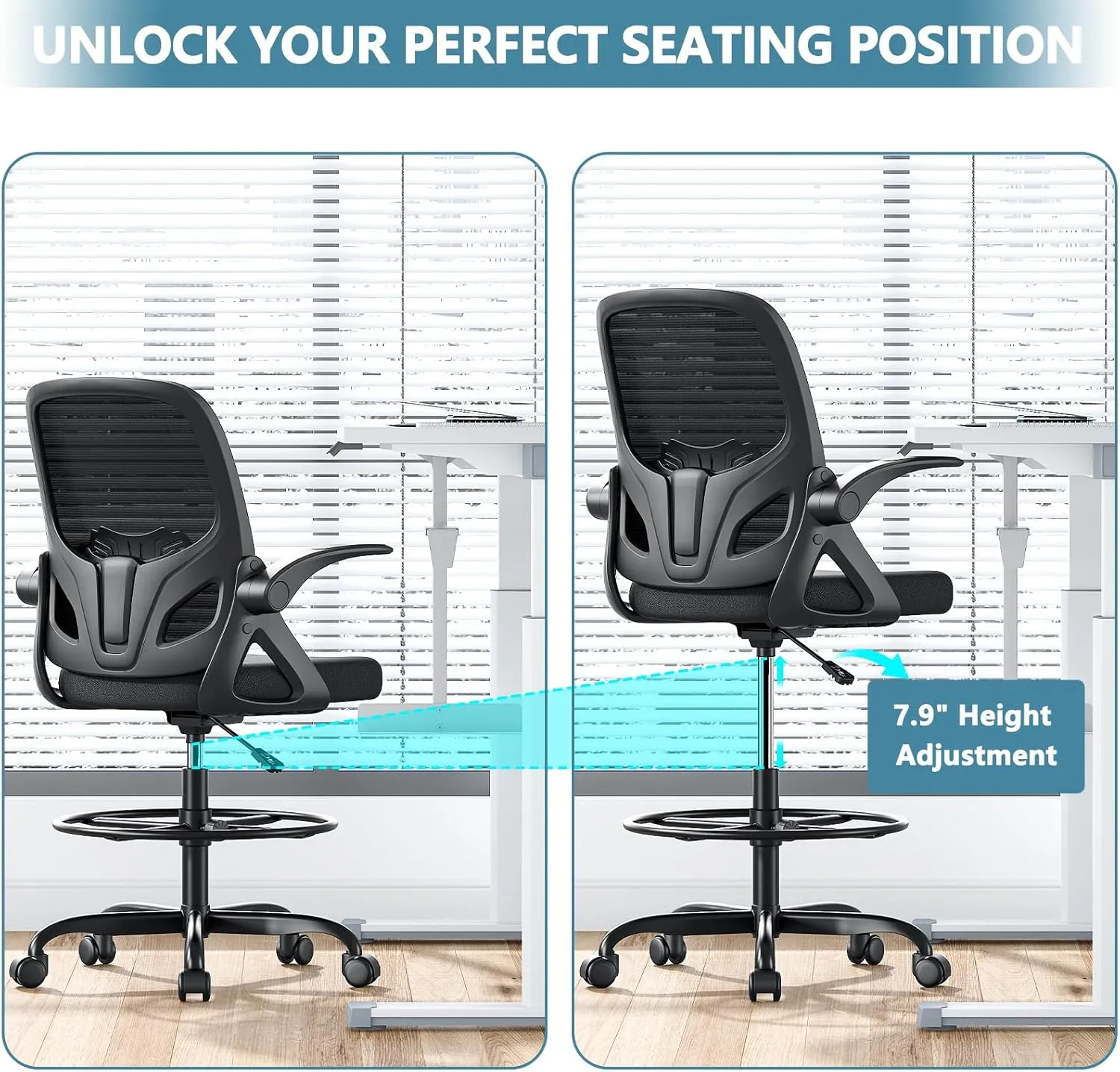 Tall Drafting Chair with Footrest Ring for Home and Work, Ergonomic Home Desk Office Chair with Flip up Arms and Lumbar Support, Tall Extended Height Executive Desk Office(Black)