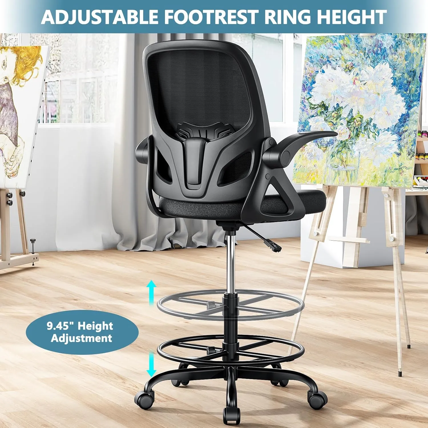 Tall Drafting Chair with Footrest Ring for Home and Work, Ergonomic Home Desk Office Chair with Flip up Arms and Lumbar Support, Tall Extended Height Executive Desk Office(Black)