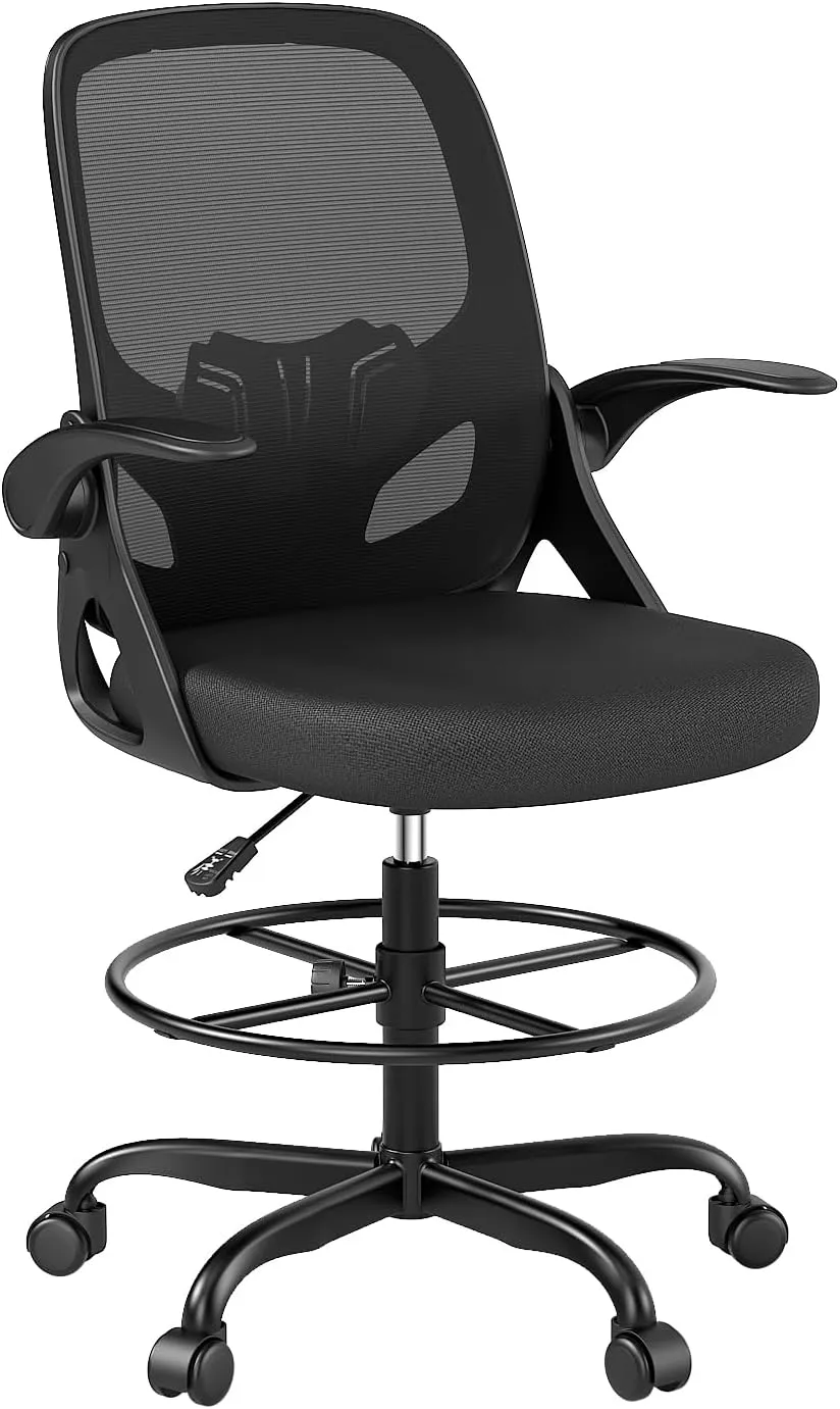 Tall Drafting Chair with Footrest Ring for Home and Work, Ergonomic Home Desk Office Chair with Flip up Arms and Lumbar Support, Tall Extended Height Executive Desk Office(Black)