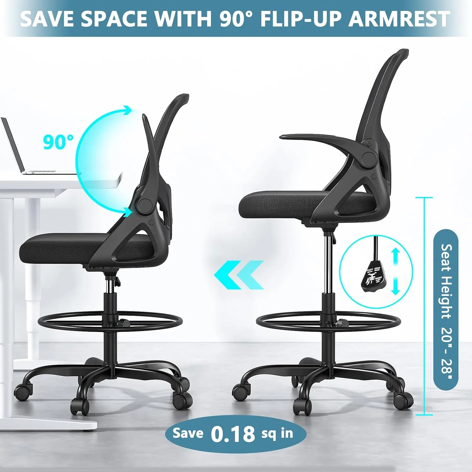 Tall Drafting Chair with Footrest Ring for Home and Work, Ergonomic Home Desk Office Chair with Flip up Arms and Lumbar Support, Tall Extended Height Executive Desk Office(Black)