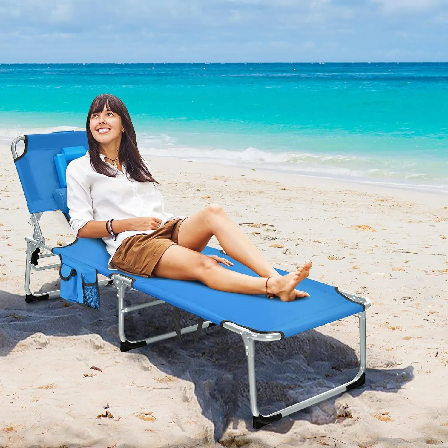 Tangkula Beach Chaise Lounge Chair with Hole for Face, Patio Folding Adjustable Reclining Beach Sunbathing Chair with Side Pocket, Portable Face Down Tanning Chair for Outdoor Backyard Poolside(1)