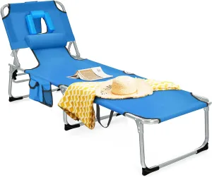 Tangkula Beach Chaise Lounge Chair with Hole for Face, Patio Folding Adjustable Reclining Beach Sunbathing Chair with Side Pocket, Portable Face Down Tanning Chair for Outdoor Backyard Poolside(1)