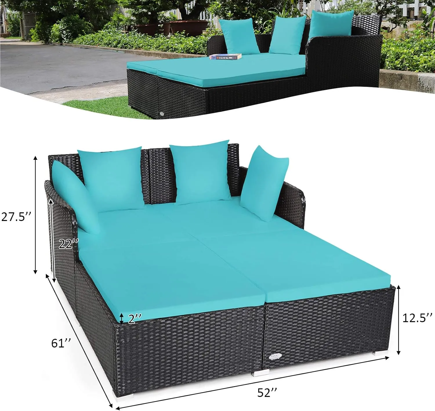 Tangkula Outdoor Rattan Daybed, Sunbed Wicker Furniture w/Spacious Seat, Upholstered Cushion & High-Resilience Sponge, Wicker Patio Sofa Set w/Extra Pillows for Courtyard Poolside(Turquoise)