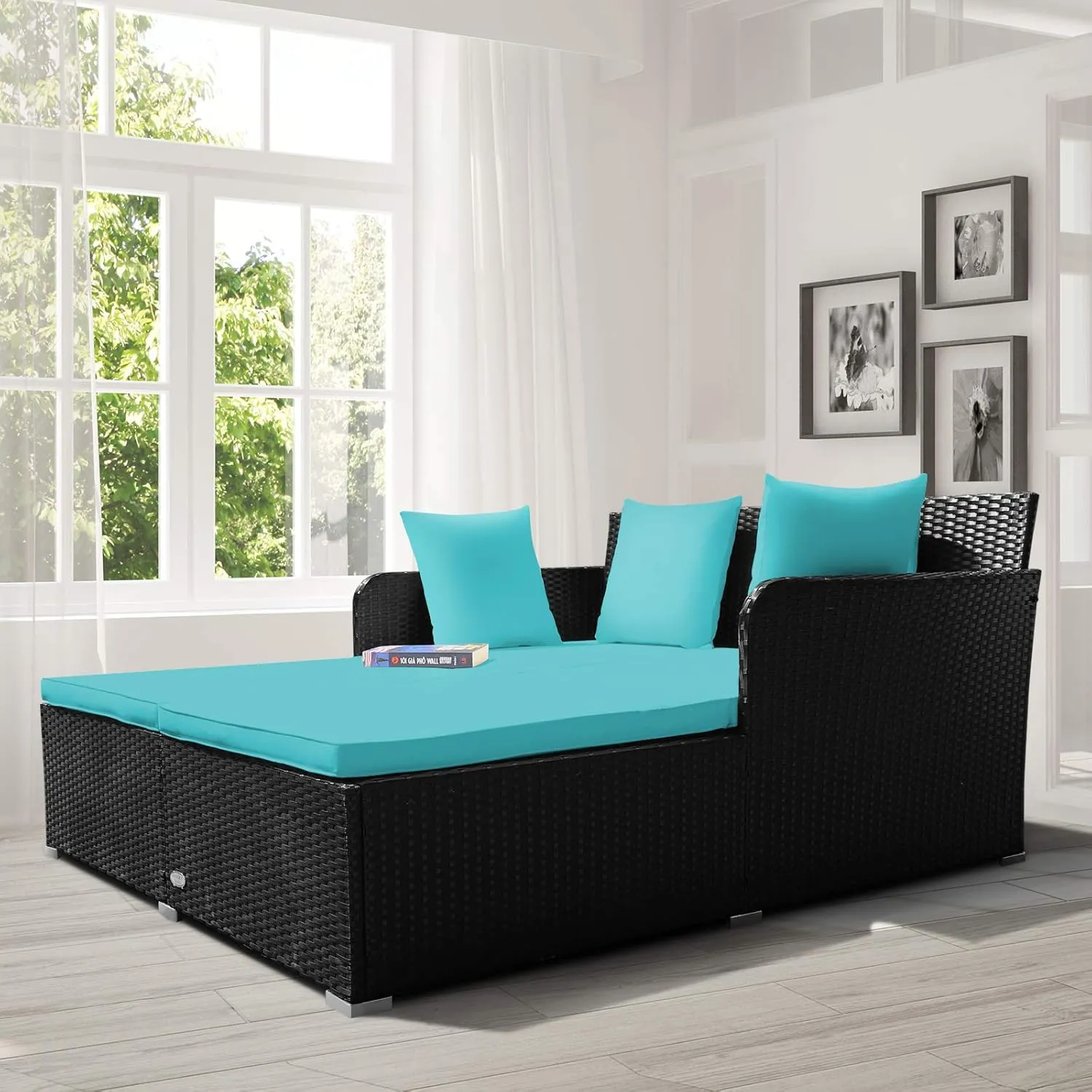 Tangkula Outdoor Rattan Daybed, Sunbed Wicker Furniture w/Spacious Seat, Upholstered Cushion & High-Resilience Sponge, Wicker Patio Sofa Set w/Extra Pillows for Courtyard Poolside(Turquoise)