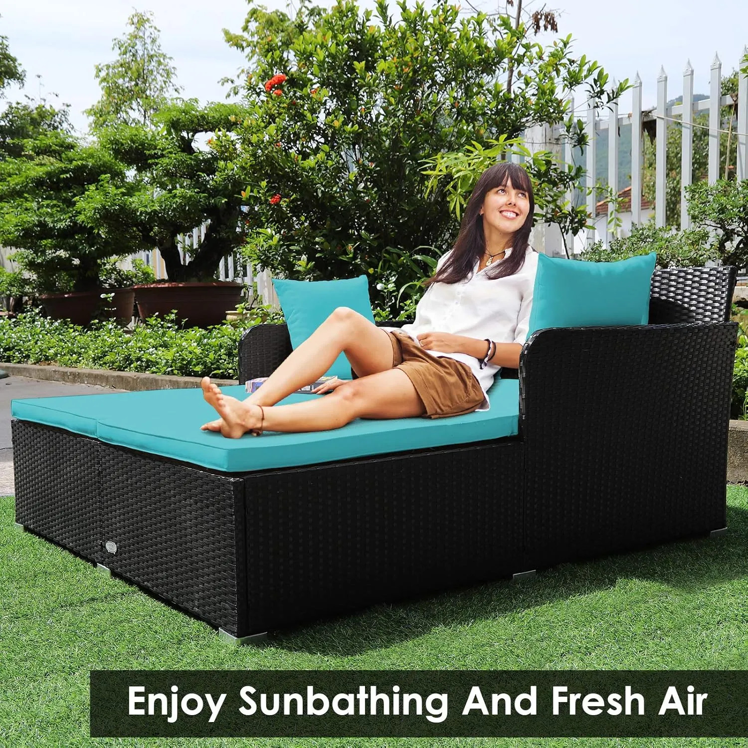 Tangkula Outdoor Rattan Daybed, Sunbed Wicker Furniture w/Spacious Seat, Upholstered Cushion & High-Resilience Sponge, Wicker Patio Sofa Set w/Extra Pillows for Courtyard Poolside(Turquoise)