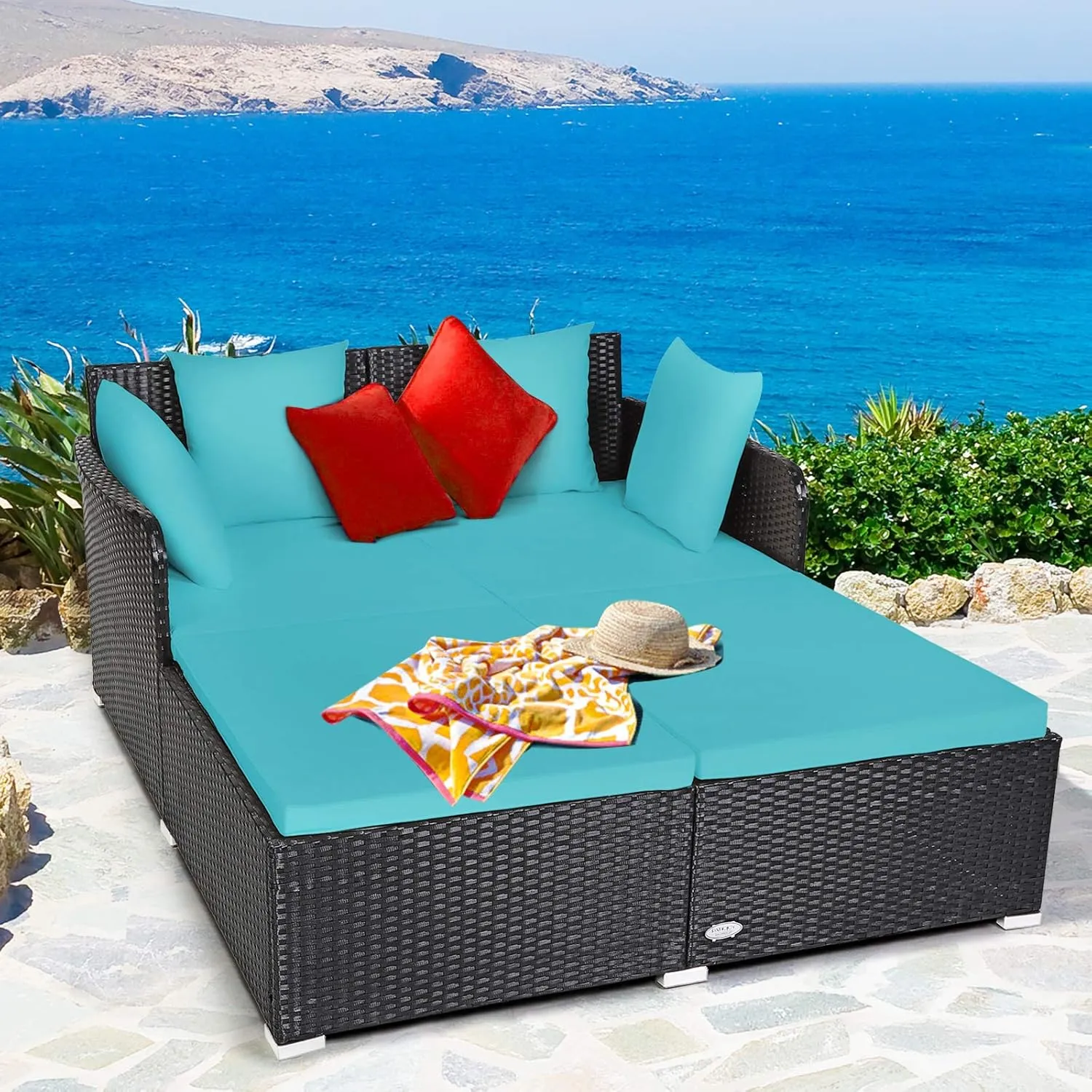 Tangkula Outdoor Rattan Daybed, Sunbed Wicker Furniture w/Spacious Seat, Upholstered Cushion & High-Resilience Sponge, Wicker Patio Sofa Set w/Extra Pillows for Courtyard Poolside(Turquoise)