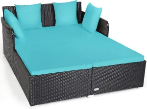 Tangkula Outdoor Rattan Daybed, Sunbed Wicker Furniture w/Spacious Seat, Upholstered Cushion & High-Resilience Sponge, Wicker Patio Sofa Set w/Extra Pillows for Courtyard Poolside(Turquoise)