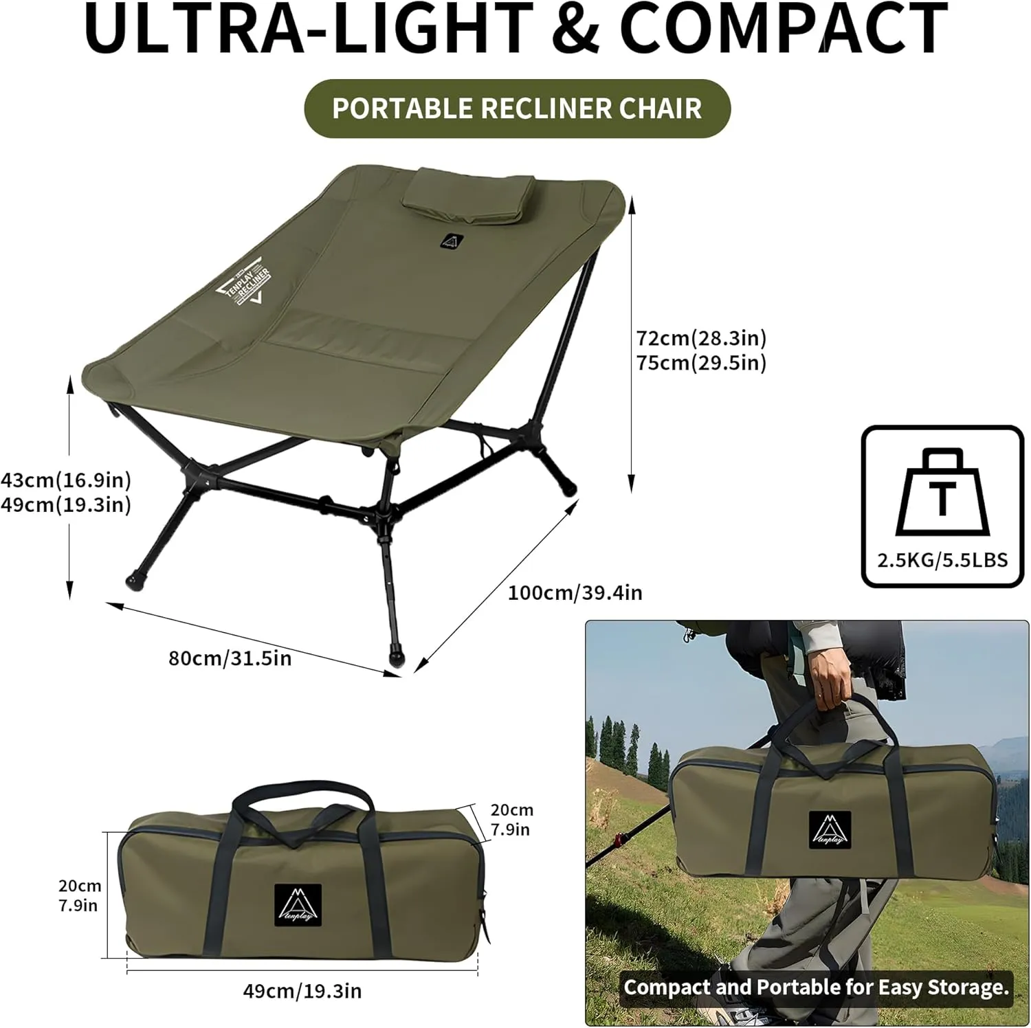 TENPLAY Reclining Chair,Lighweight Foldable Camping Chair,Backpacking,Ultralight,6-Way,Adjustable Height,,With Pillow,With carrybag for Hiking,Fishing,Mountaineering,Large Capacity, (Army Green)