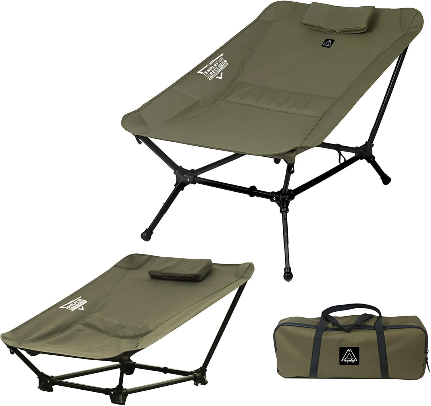 TENPLAY Reclining Chair,Lighweight Foldable Camping Chair,Backpacking,Ultralight,6-Way,Adjustable Height,,With Pillow,With carrybag for Hiking,Fishing,Mountaineering,Large Capacity, (Army Green)