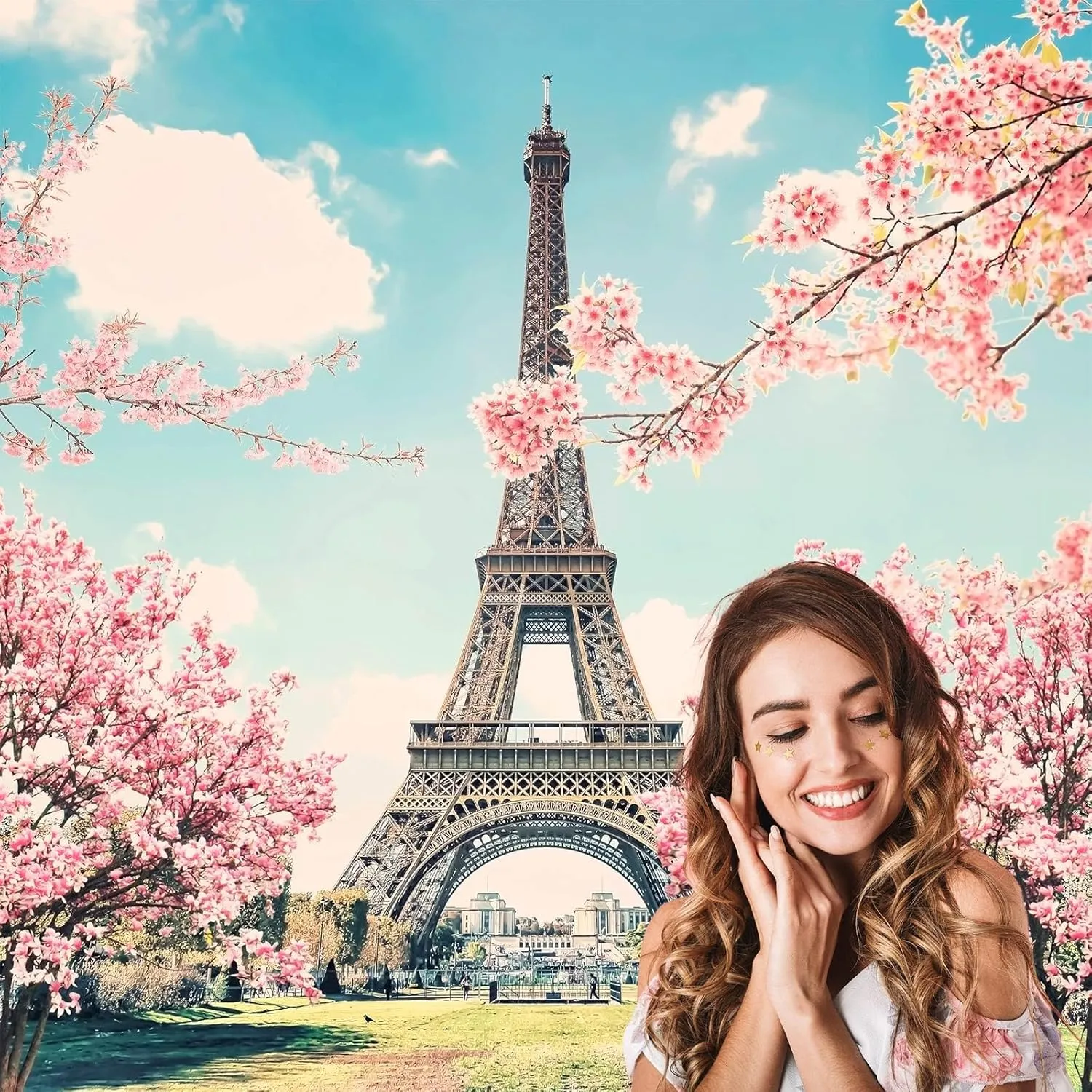 The Eiffel Tower Background Paris Cityscape Outdoor Vacation Theme Photography Backdrop Exquisite Leaves Green Grass Backdrops Travel Wedding Decor Lover Children Adults Studio Prop 10x8ft