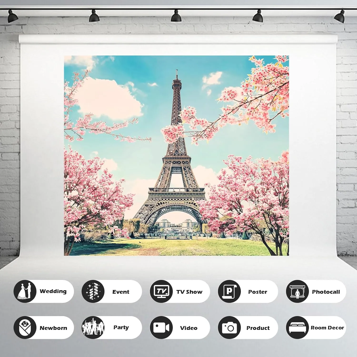 The Eiffel Tower Background Paris Cityscape Outdoor Vacation Theme Photography Backdrop Exquisite Leaves Green Grass Backdrops Travel Wedding Decor Lover Children Adults Studio Prop 10x8ft