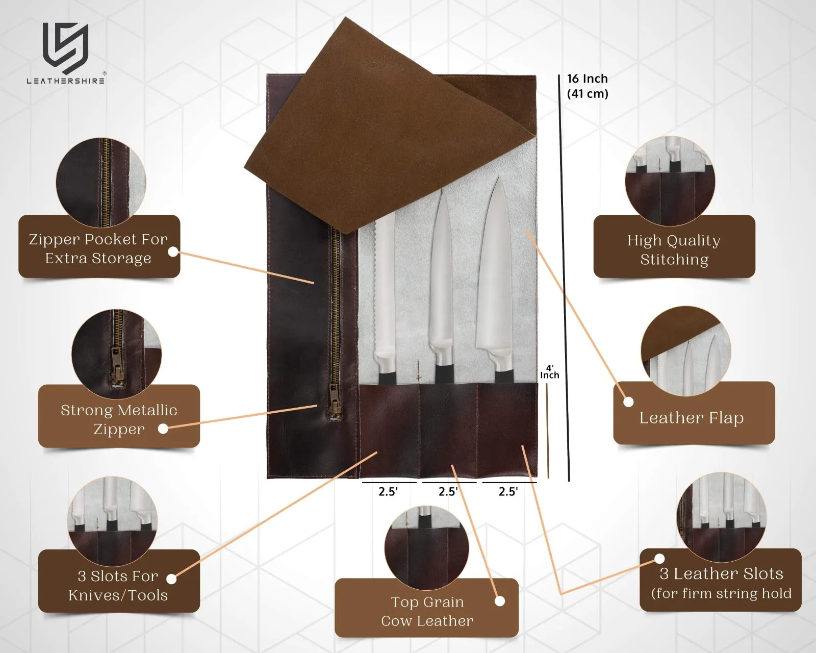 The Warwickshire Handmade Dark Brown Leather Chef Roll