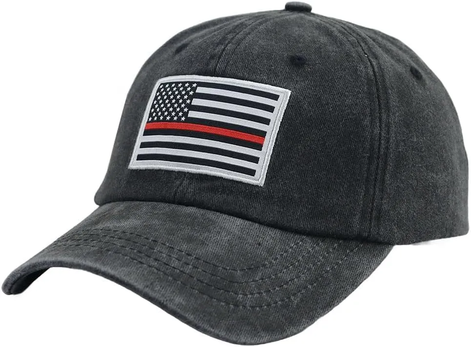 Thin Red Line American Flag Hat, Cotton Adjustable Embroidered Firefighter Baseball Cap for Men Women
