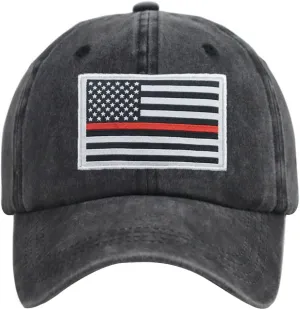 Thin Red Line American Flag Hat, Cotton Adjustable Embroidered Firefighter Baseball Cap for Men Women