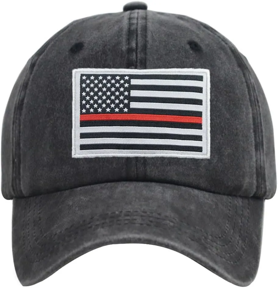Thin Red Line American Flag Hat, Cotton Adjustable Embroidered Firefighter Baseball Cap for Men Women