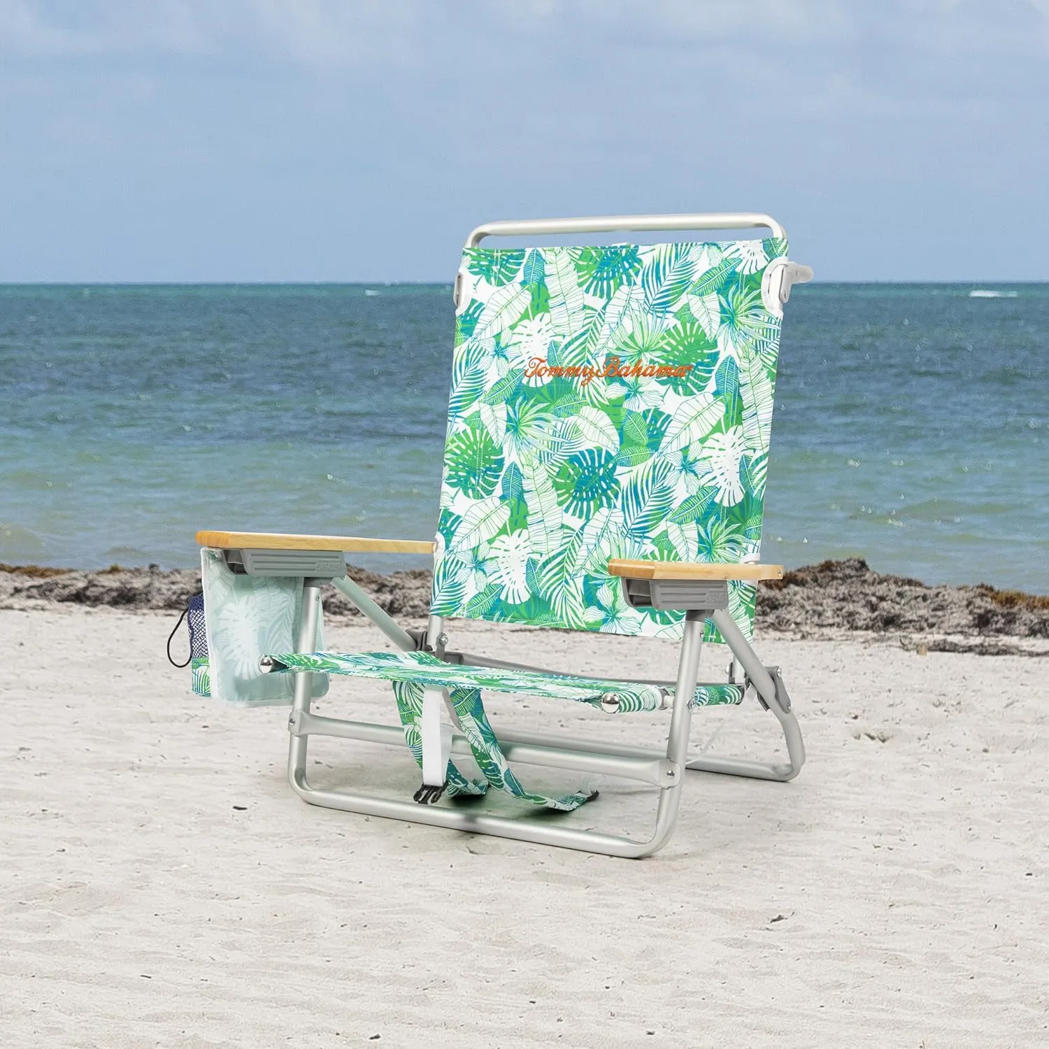 Tommy Bahama 5-Position Classic Lay Flat Backpack Beach Chair with Cooler and Cup Holder, Portable Folding Beach Chair for Tanning, Tropical Leaves