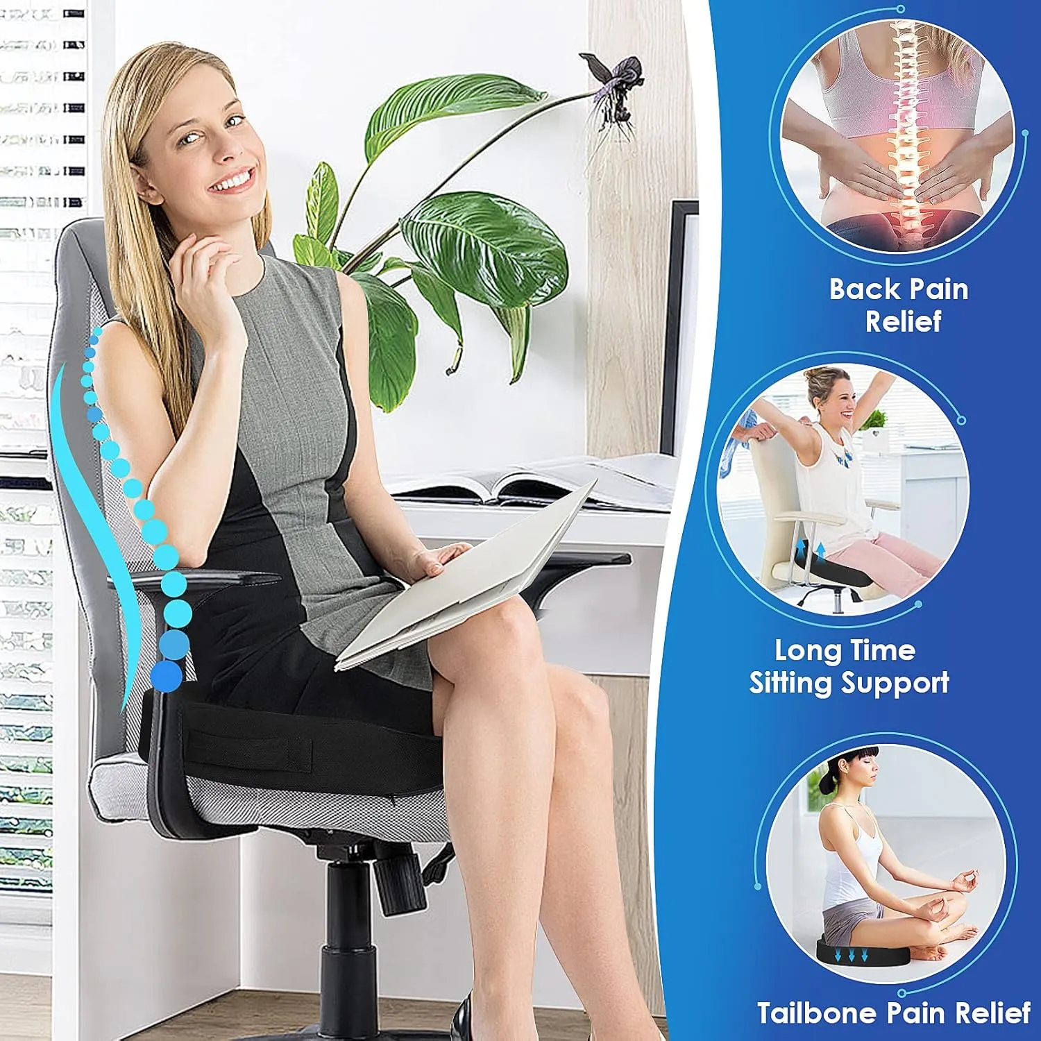 TushGuard Seat Cushion for Office Chair Memory Foam Non-Slip Desk Seat Cushion Back, Coccyx, Sciatica, Tailbone Pain Relief Butt Pillow for Office Chair, Car, Wheelchair, Black