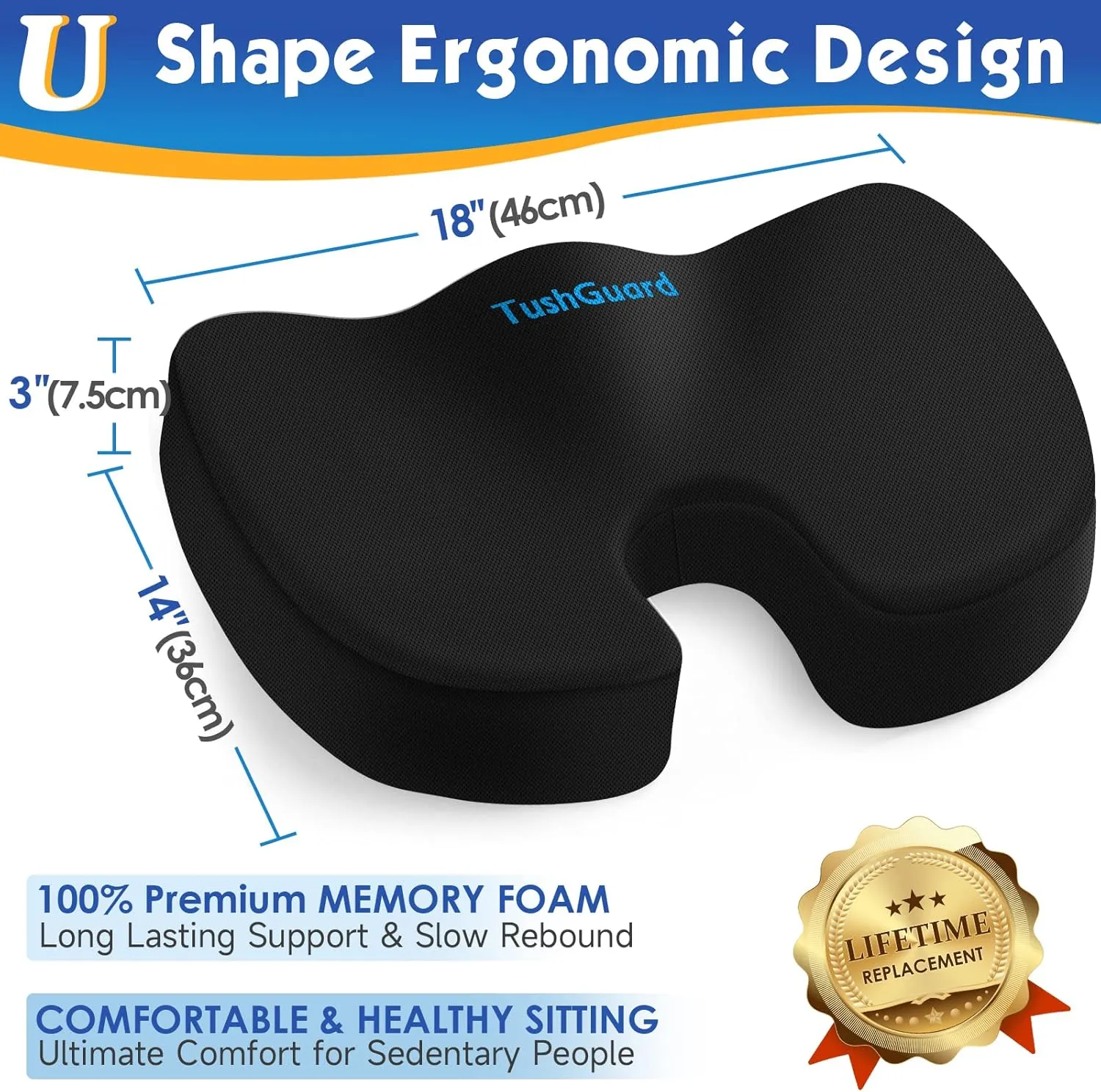TushGuard Seat Cushion for Office Chair Memory Foam Non-Slip Desk Seat Cushion Back, Coccyx, Sciatica, Tailbone Pain Relief Butt Pillow for Office Chair, Car, Wheelchair, Black