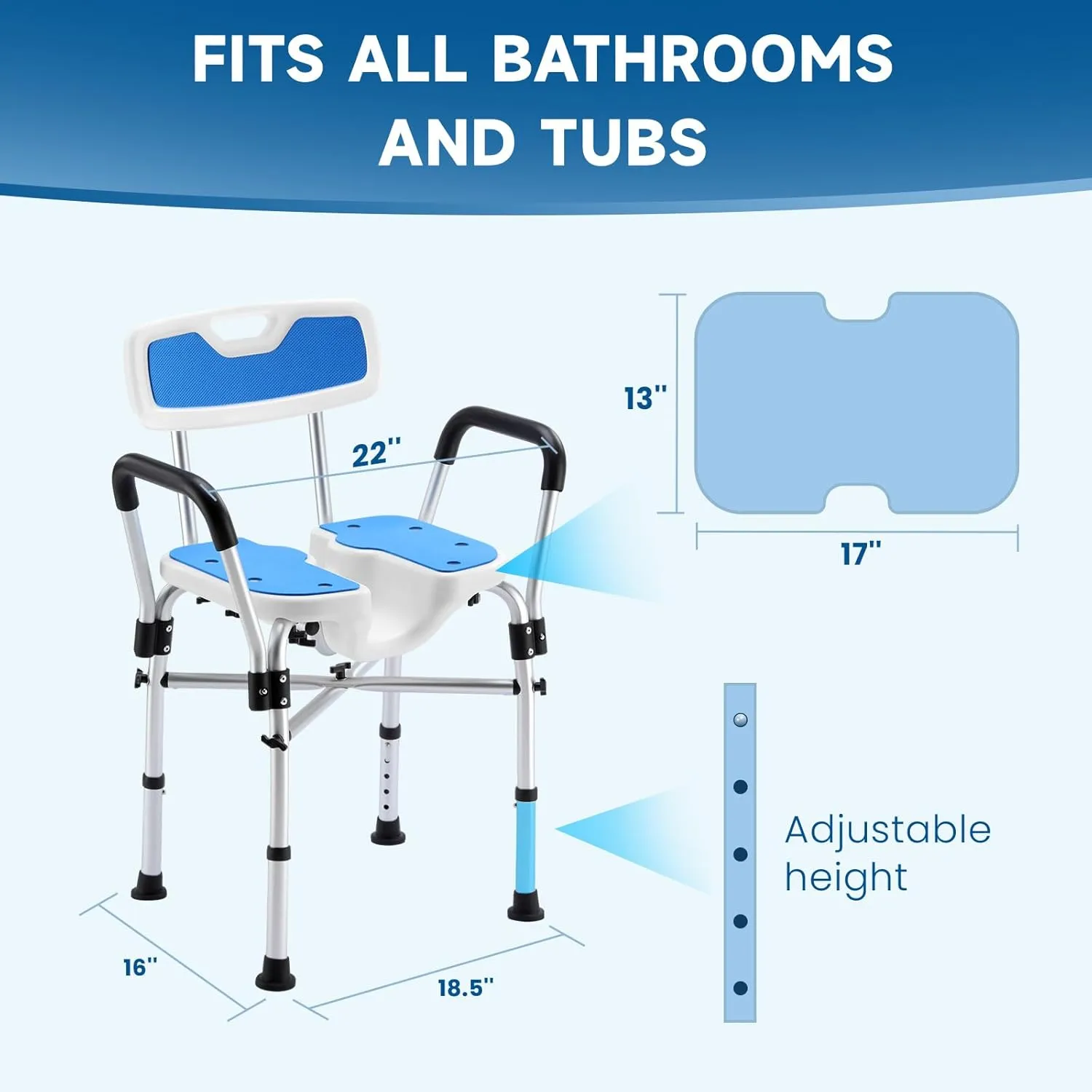U-Shaped Shower Chair for Inside Shower, FSA/HSA Eligible 600lbs Heavy Duty Shower Chair for Elderly and Disabled, Shower Chair with Arms and Back, Height Adjustable Bath Chairs for Seniors