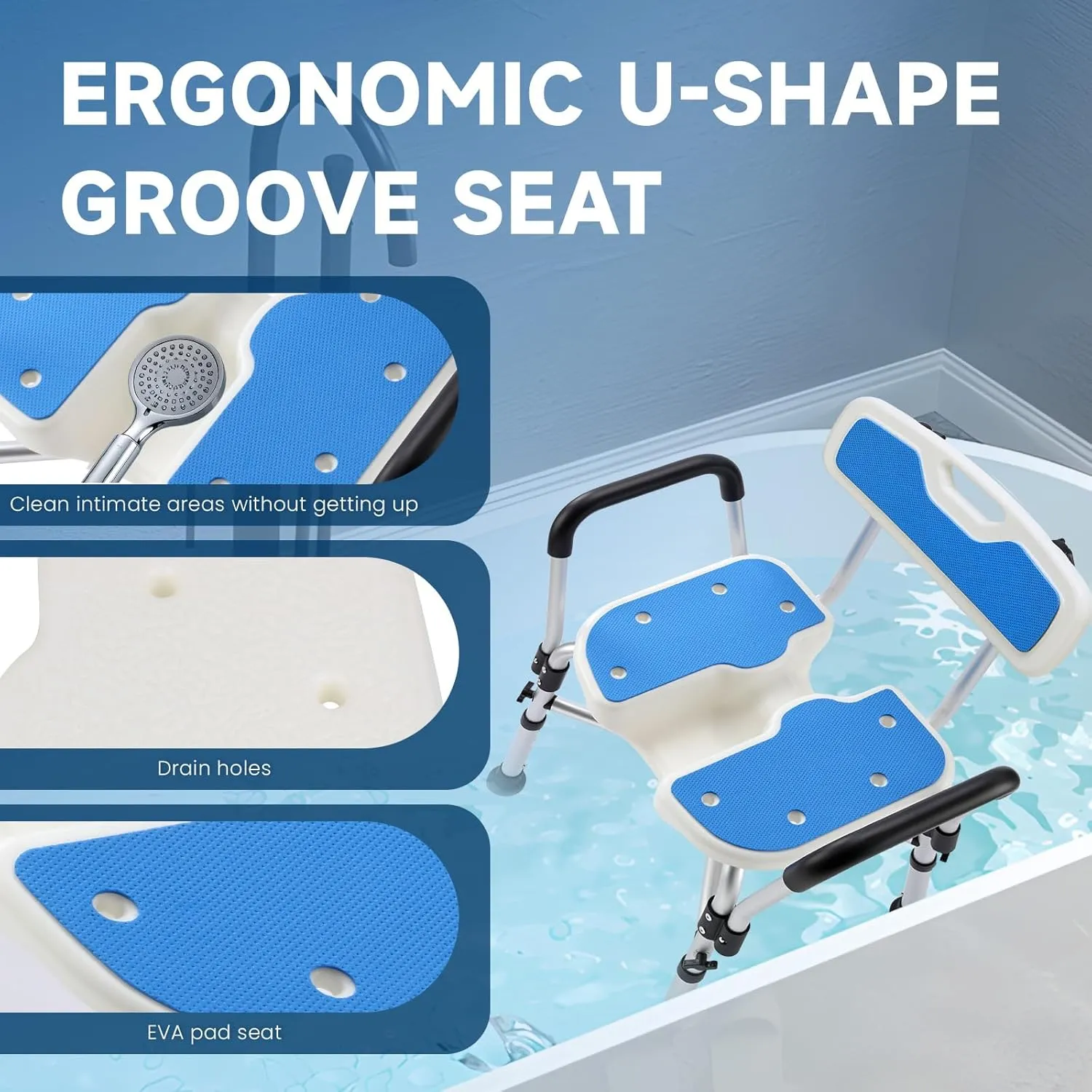 U-Shaped Shower Chair for Inside Shower, FSA/HSA Eligible 600lbs Heavy Duty Shower Chair for Elderly and Disabled, Shower Chair with Arms and Back, Height Adjustable Bath Chairs for Seniors
