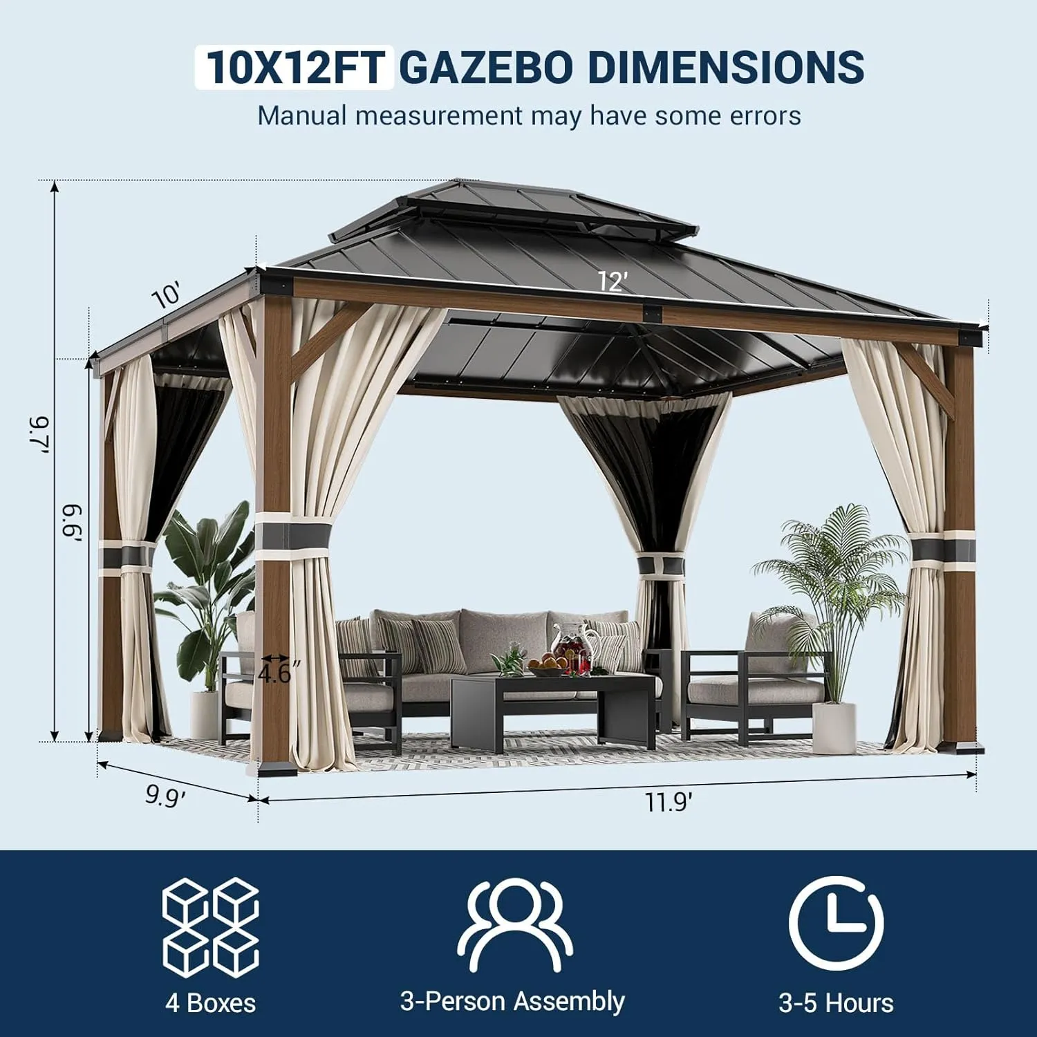UDPATIO 10' x 12' Hardtop Gazebo, Wood Grain Finish Aluminum Frame Outdoor Gazebo with Galvanized Steel Double Roof, Metal Gazebo Canopy with Curtain and Netting for Patio, Garden and Deck, Beige