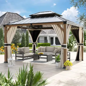 UDPATIO 10' x 12' Hardtop Gazebo, Wood Grain Finish Aluminum Frame Outdoor Gazebo with Galvanized Steel Double Roof, Metal Gazebo Canopy with Curtain and Netting for Patio, Garden and Deck, Beige