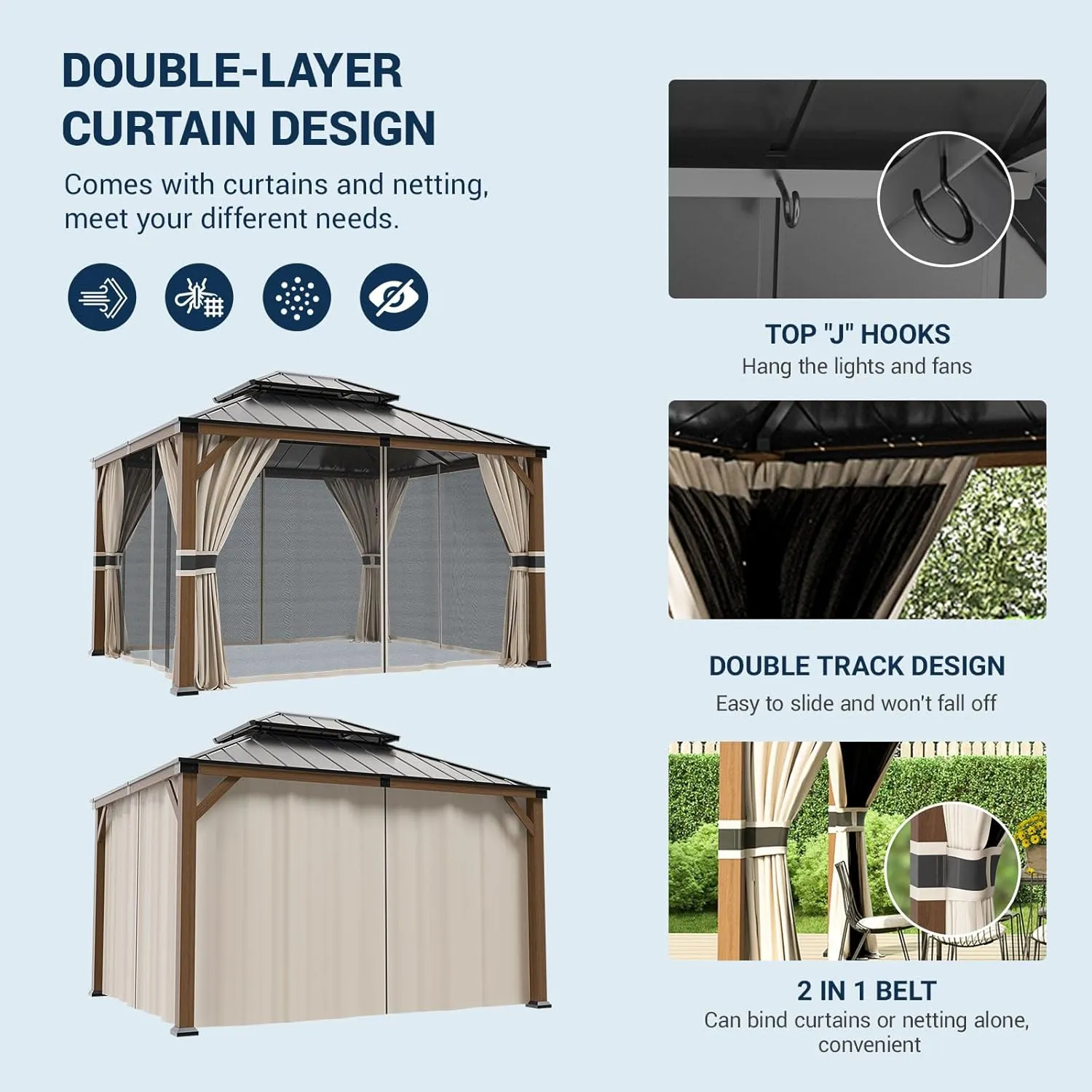UDPATIO 10' x 12' Hardtop Gazebo, Wood Grain Finish Aluminum Frame Outdoor Gazebo with Galvanized Steel Double Roof, Metal Gazebo Canopy with Curtain and Netting for Patio, Garden and Deck, Beige